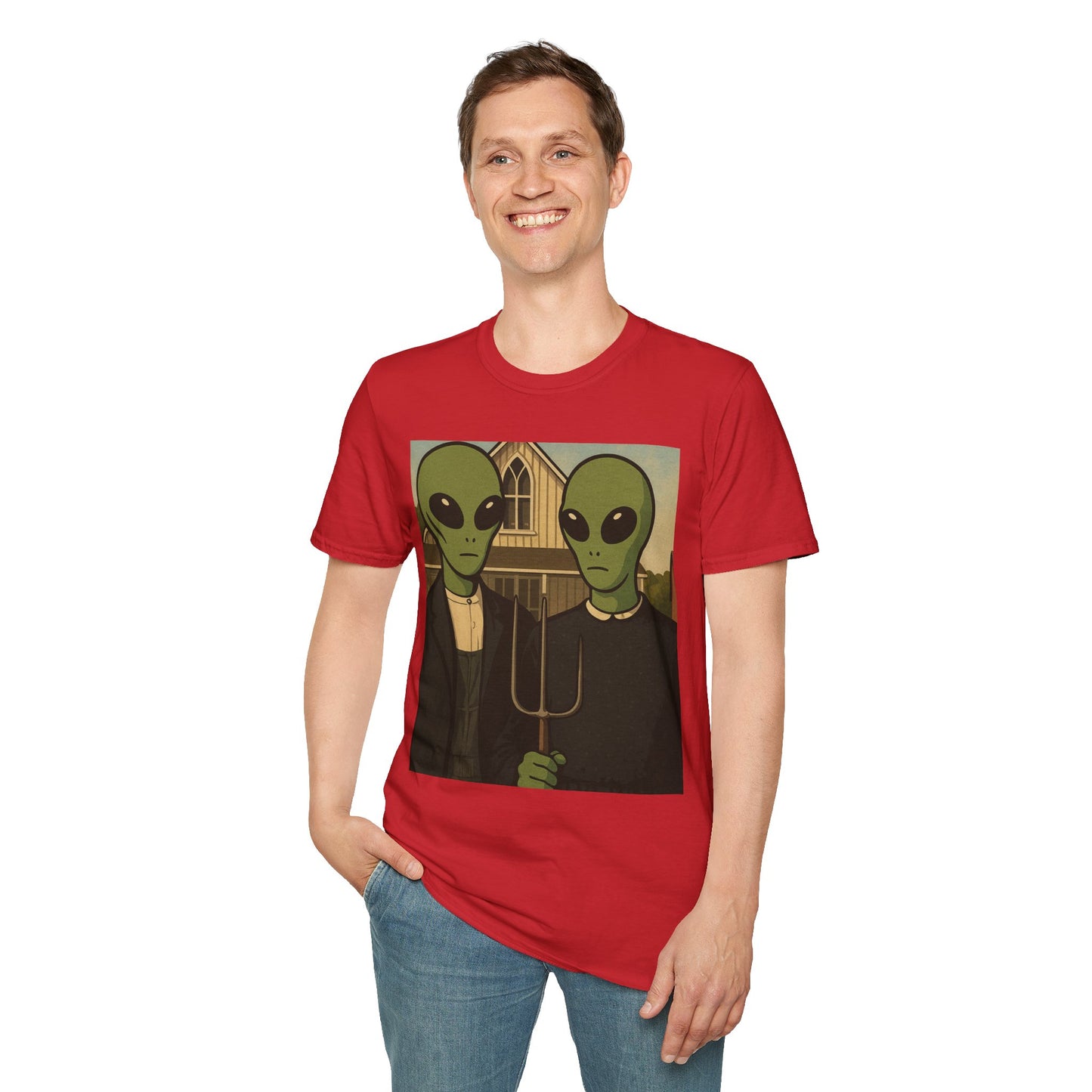 Alien American Gothic T-Shirt — Funny Retro Sci‑Fi Art Tee