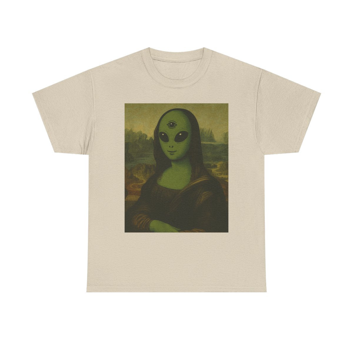 Alien Mona Lisa T‑Shirt — Green 3‑Eye Retro Art Tee