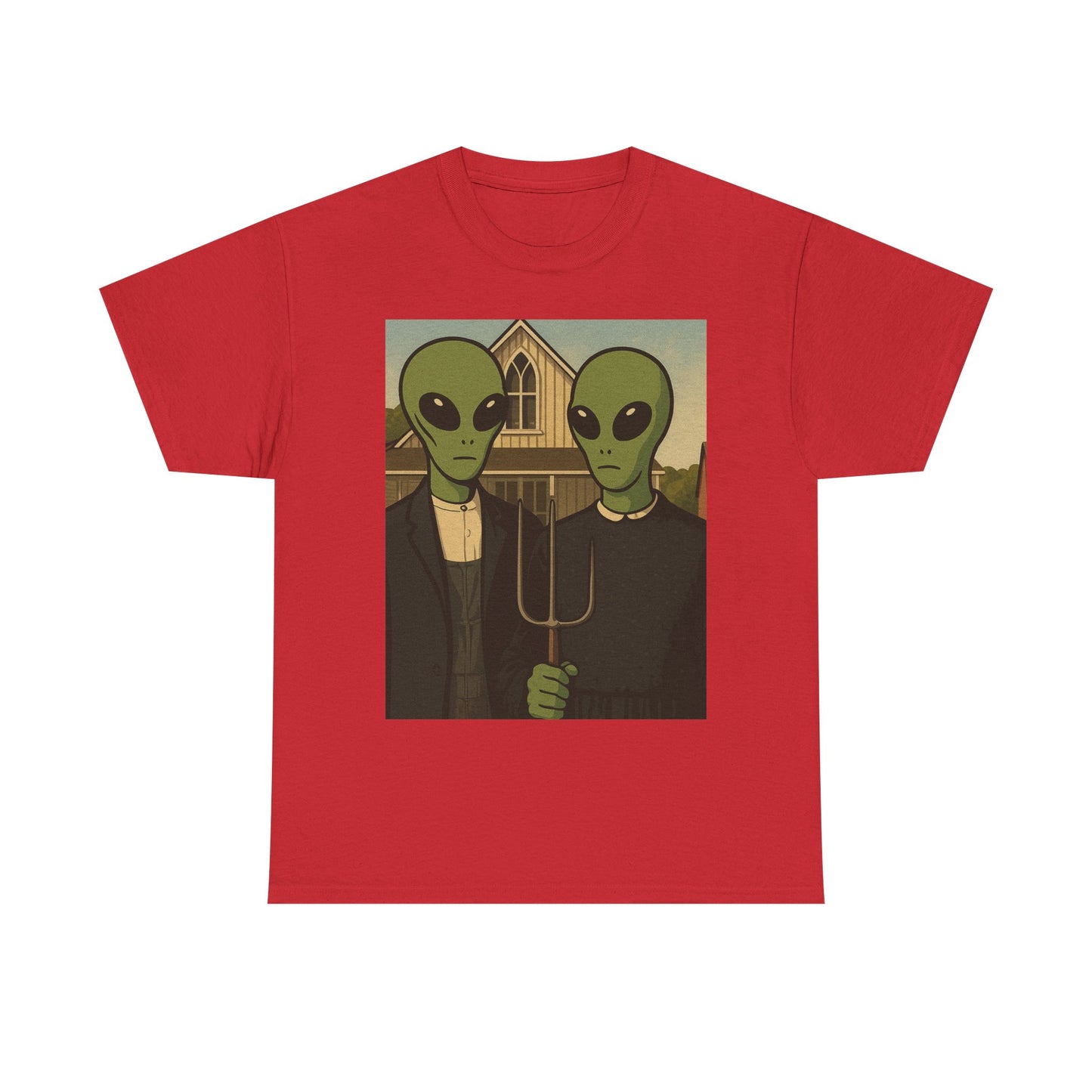 Alien American Gothic T-Shirt — Funny UFO Couple Graphic Tee