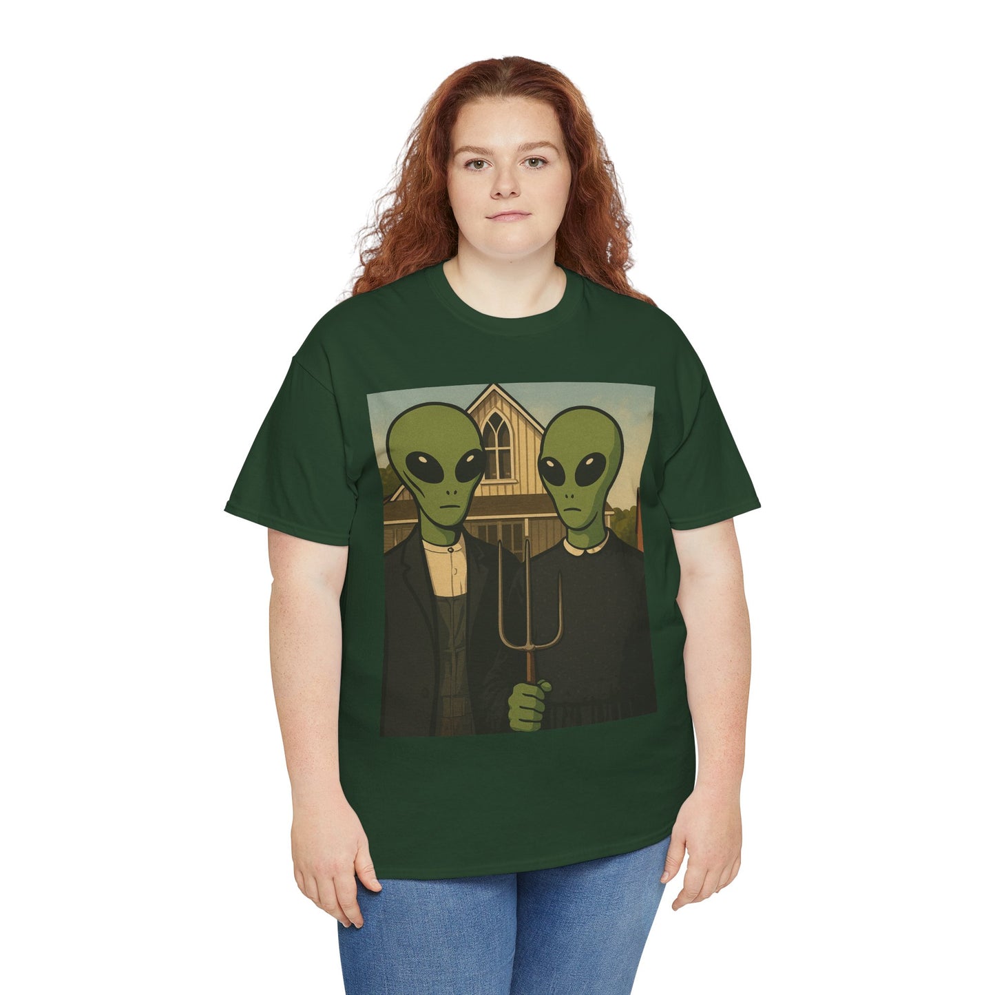 Alien American Gothic T-Shirt — Funny UFO Couple Graphic Tee