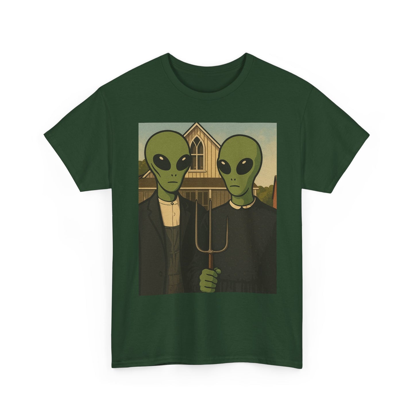 Alien American Gothic T-Shirt — Funny UFO Couple Graphic Tee