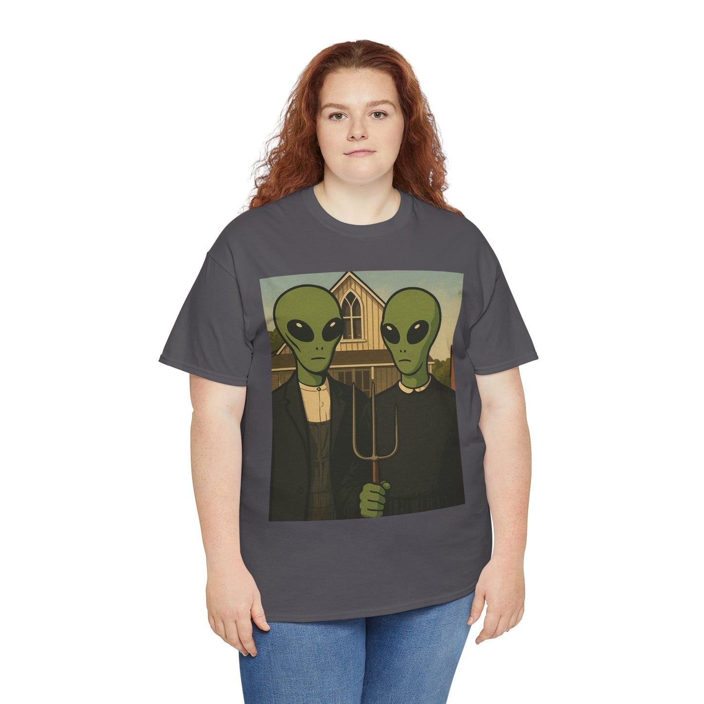 Alien American Gothic T-Shirt — Funny UFO Couple Graphic Tee