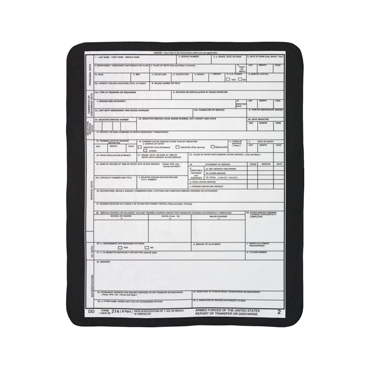 DD214 Fleece Sherpa Blanket — Vintage Form Print Cozy Throw