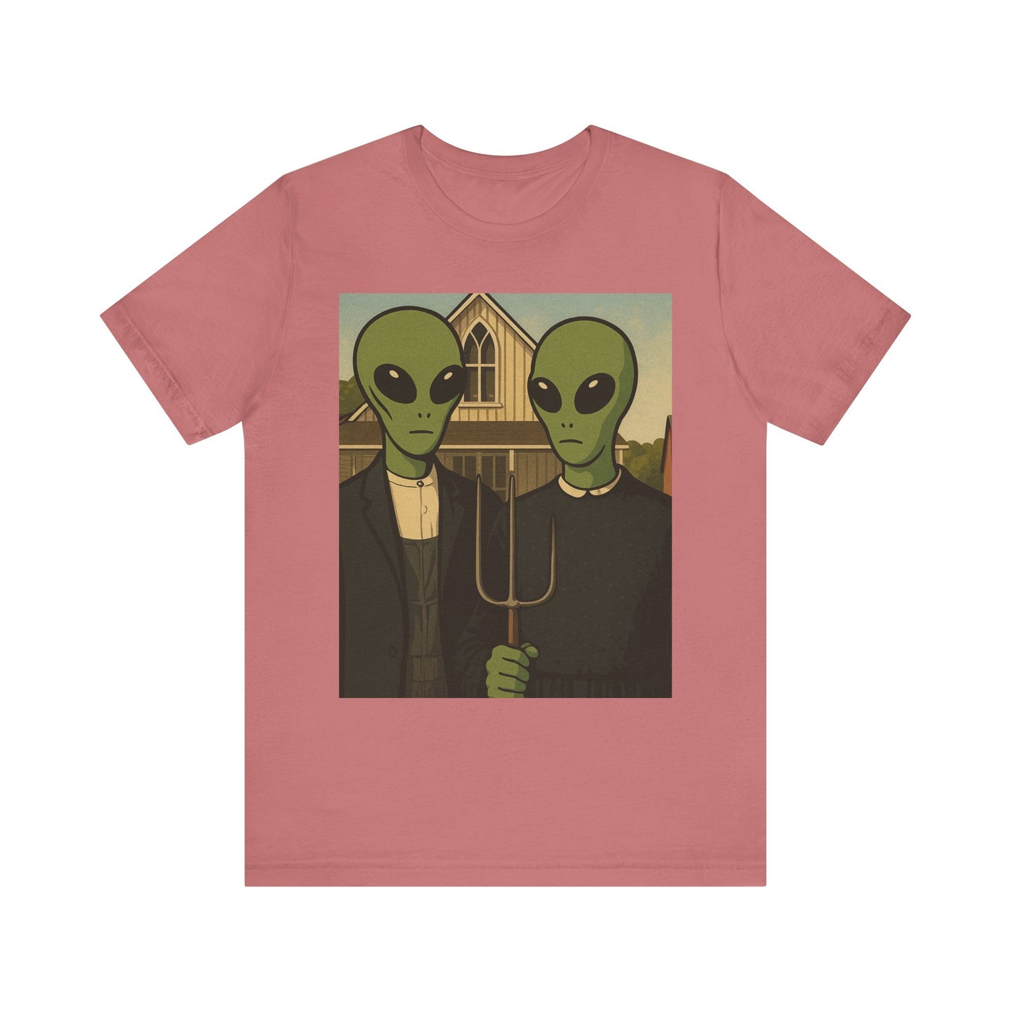 Alien Gothic Farmhouse T‑Shirt — Retro Green Alien American Gothic Tee