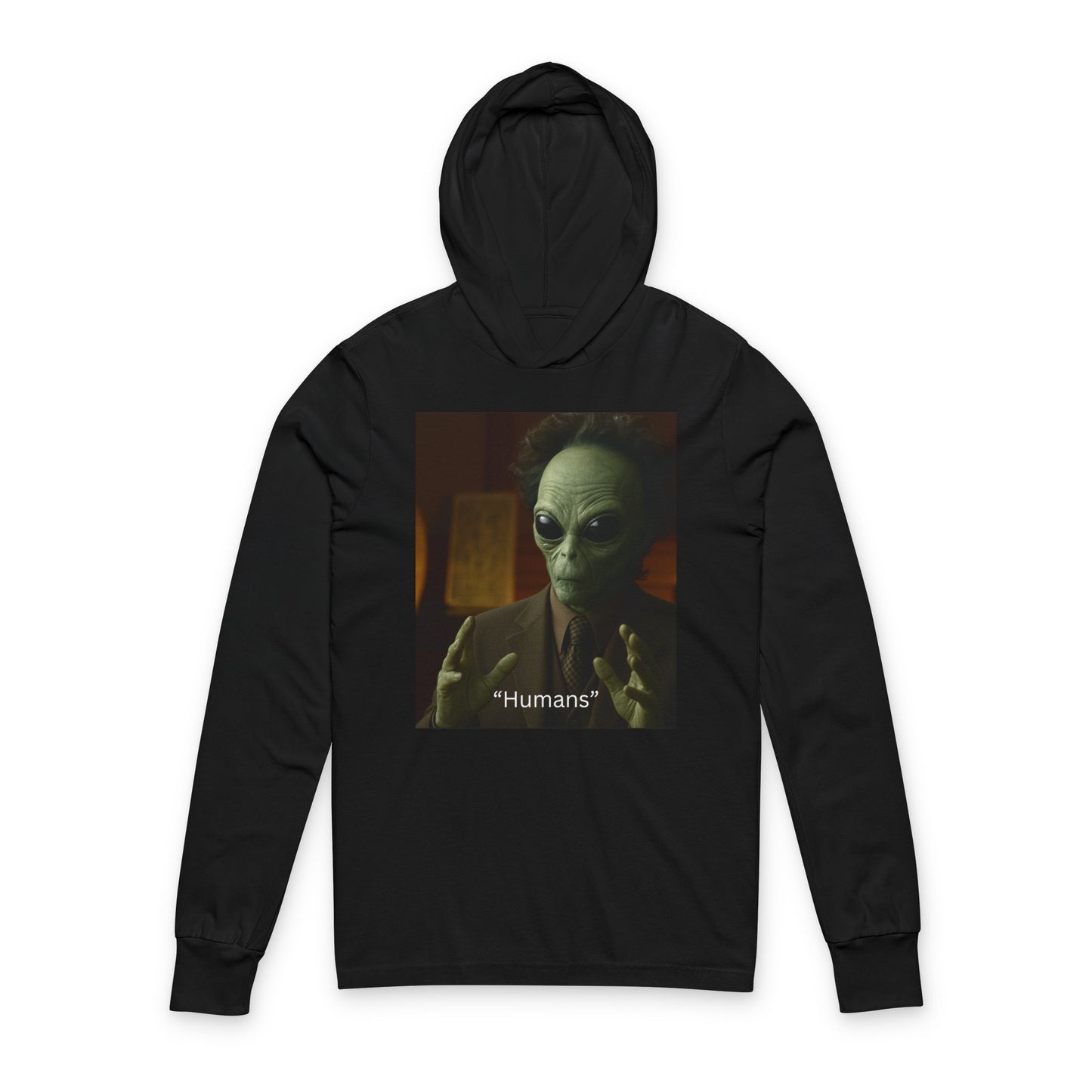 Alien Portrait Hooded Tee — "Humans" Graphic Long Sleeve