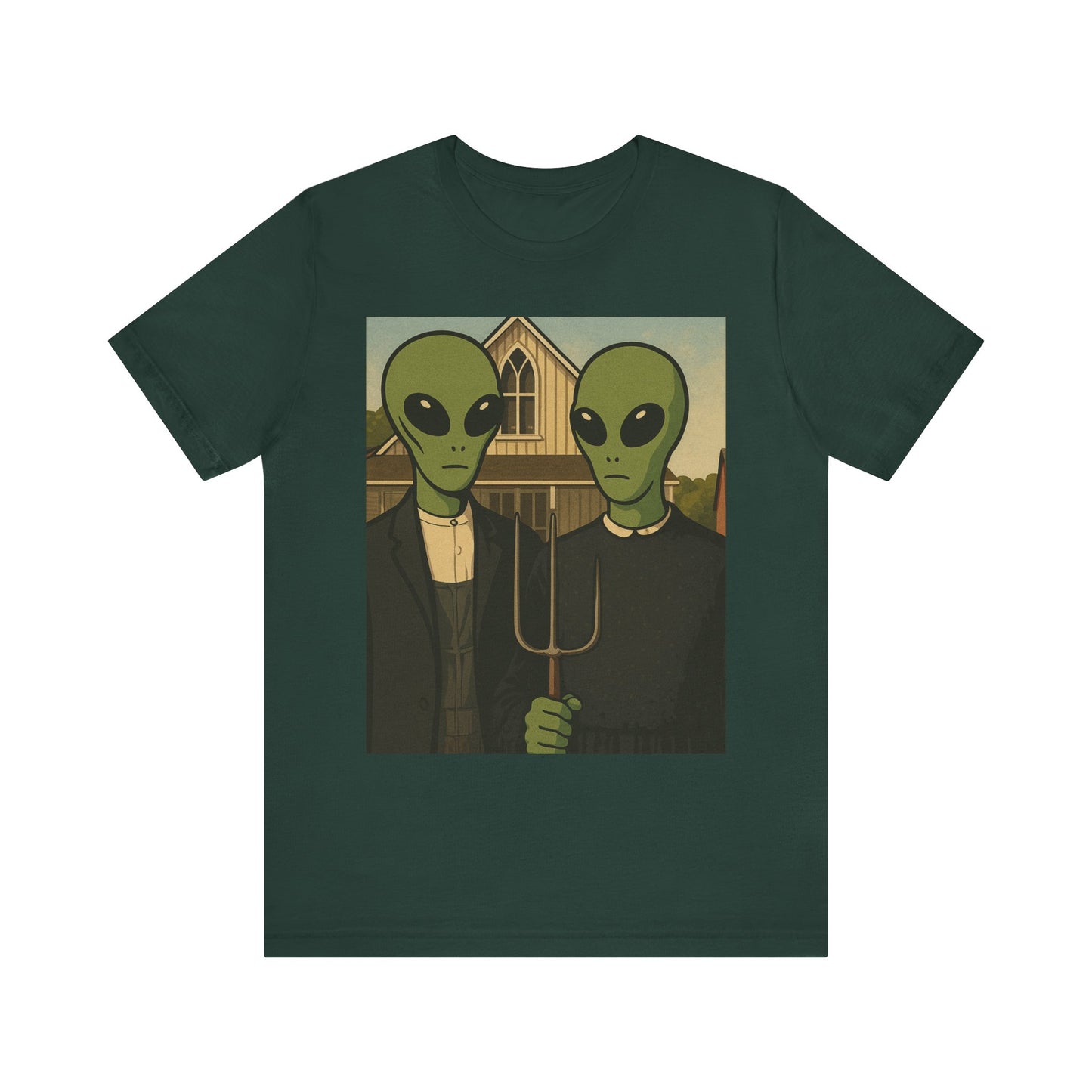 Alien Gothic Farmhouse T‑Shirt — Retro Green Alien American Gothic Tee