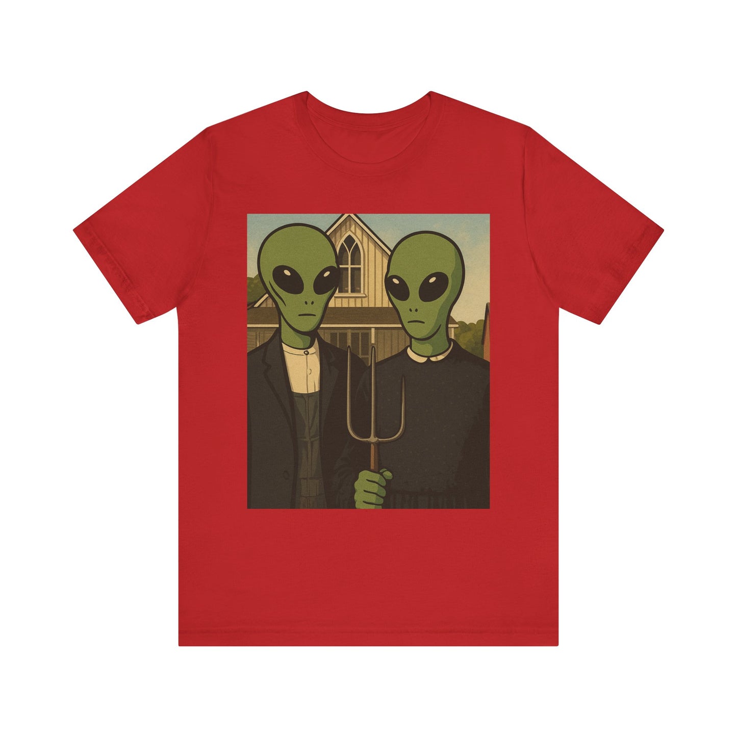 Alien Gothic Farmhouse T‑Shirt — Retro Green Alien American Gothic Tee