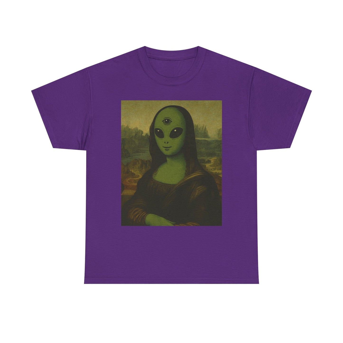 Alien Mona Lisa T-Shirt – Green 3‑Eyed Portrait Graphic Tee