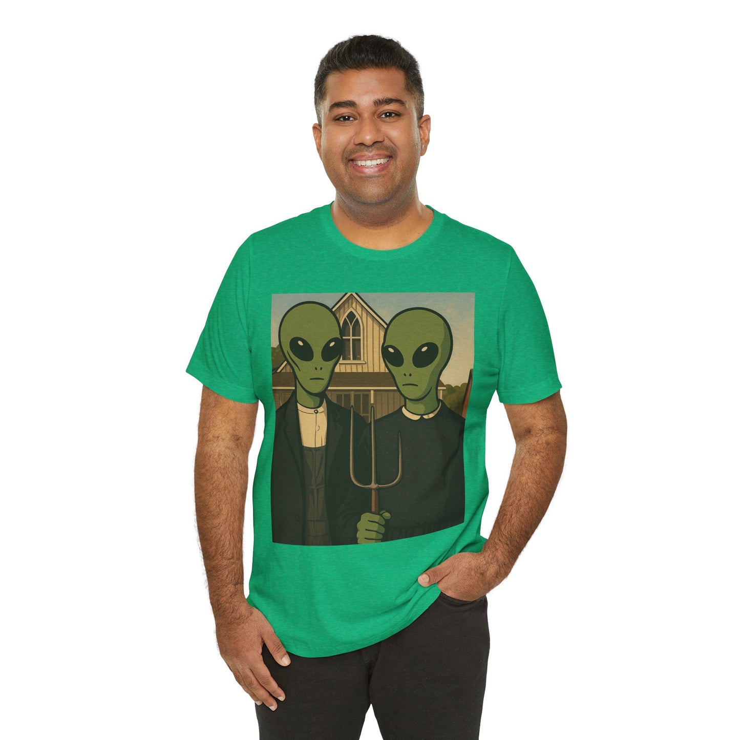 Alien Gothic Farmhouse T‑Shirt — Retro Green Alien American Gothic Tee