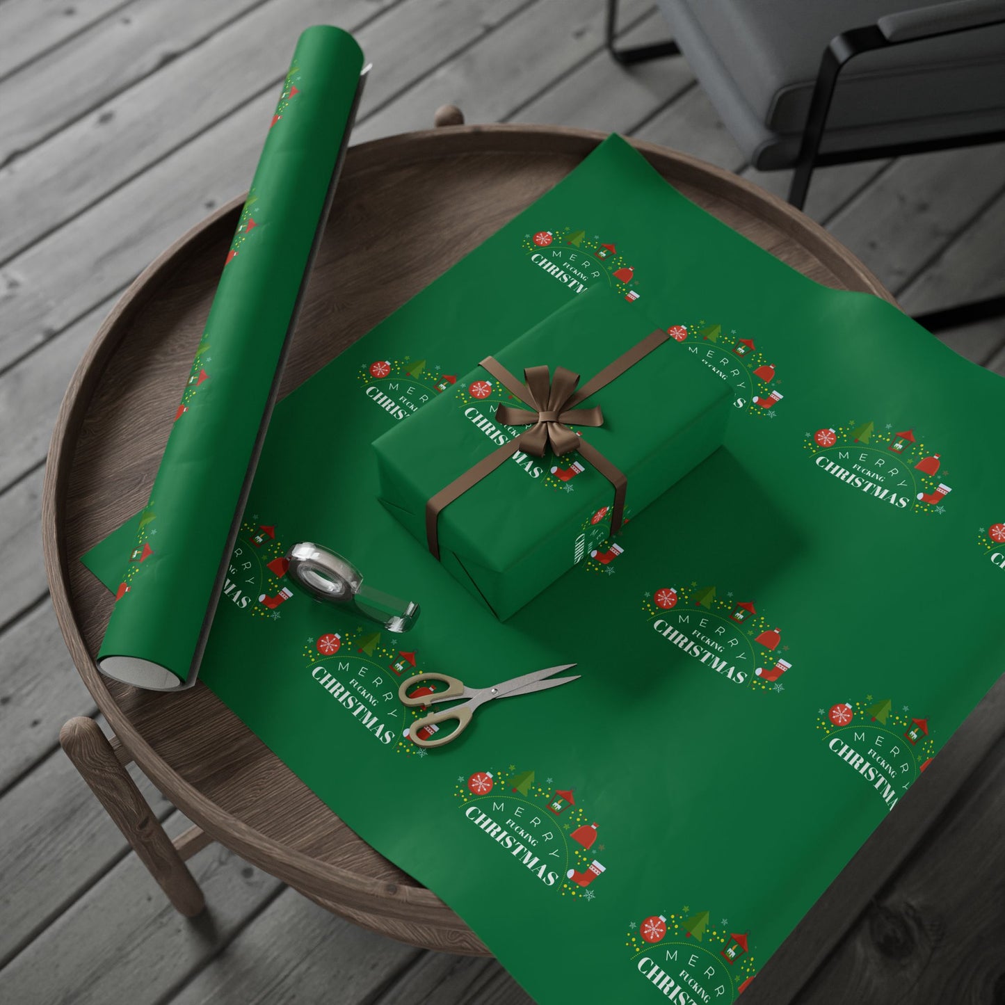 " Merry Fucking Christmas" Green Solid Wrapping Paper Roll — Classic Gift Wrap for Holidays & Everyday