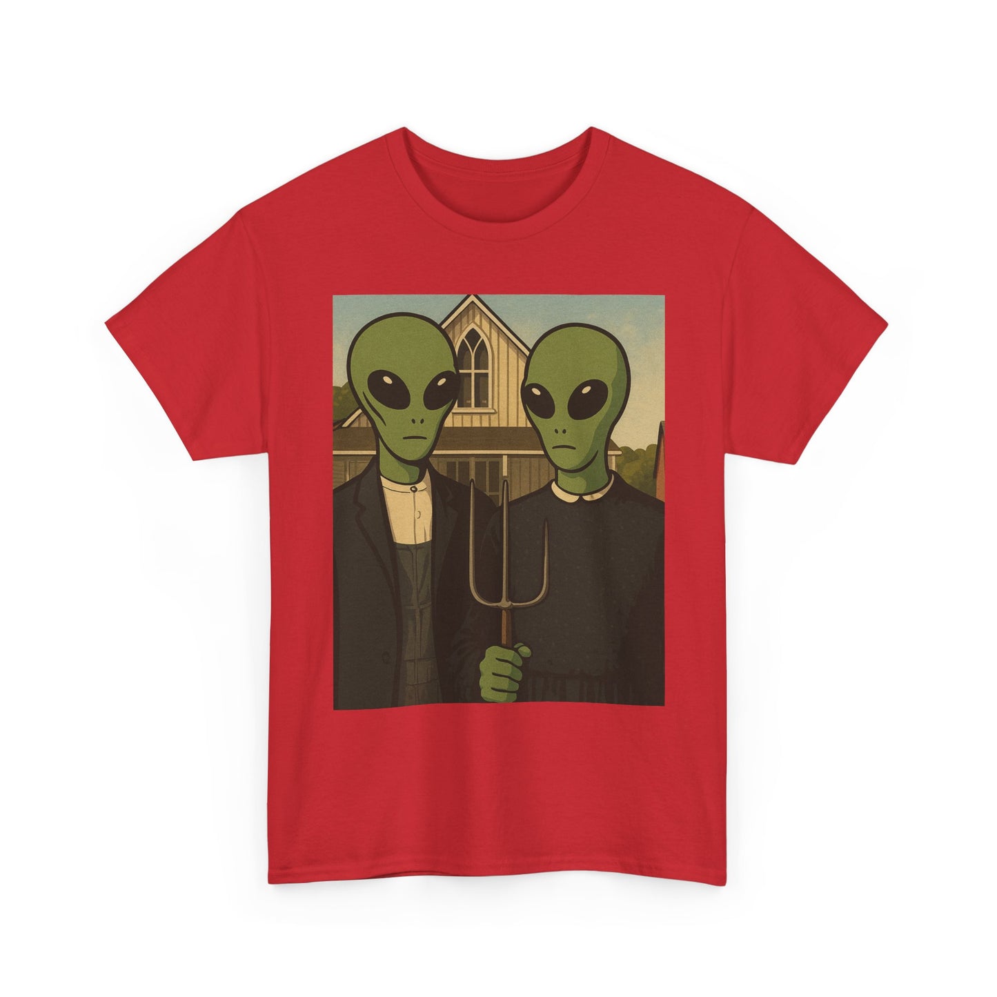 Alien American Gothic T-Shirt — Funny UFO Couple Graphic Tee
