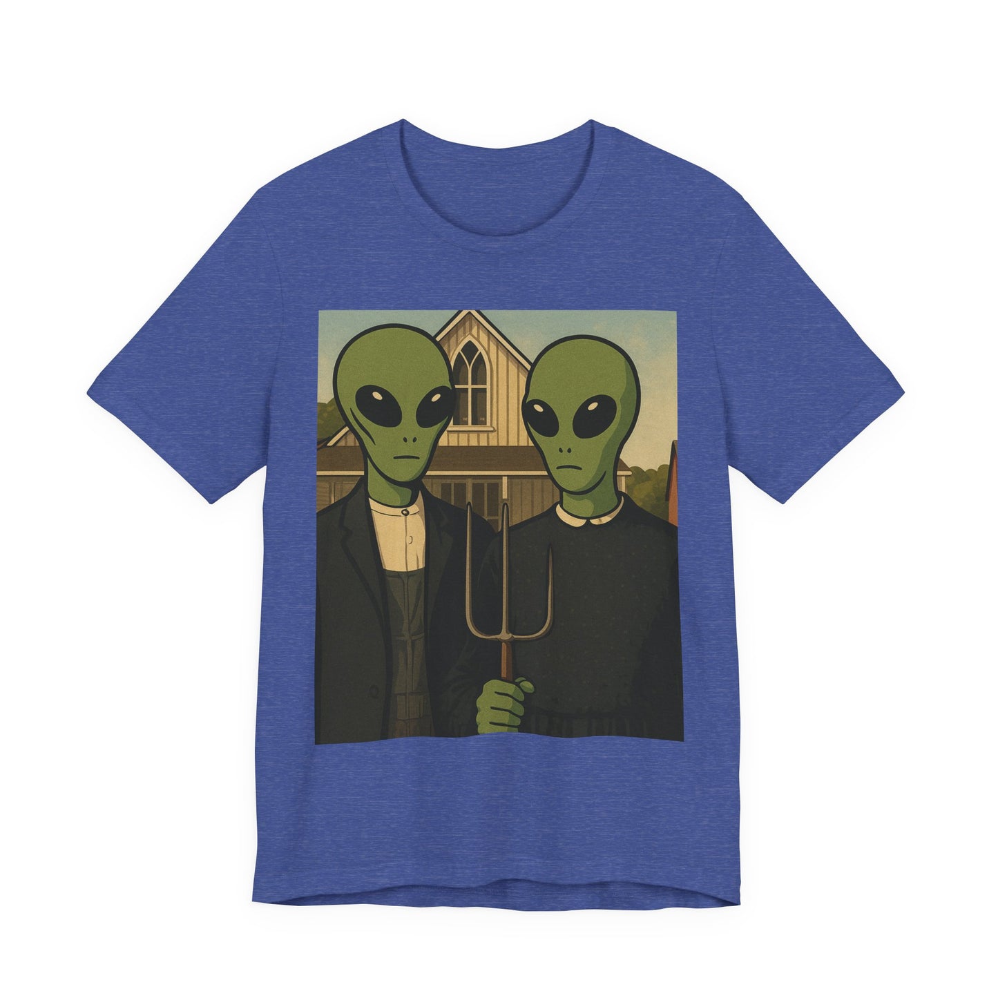 Alien Gothic Farmhouse T‑Shirt — Retro Green Alien American Gothic Tee