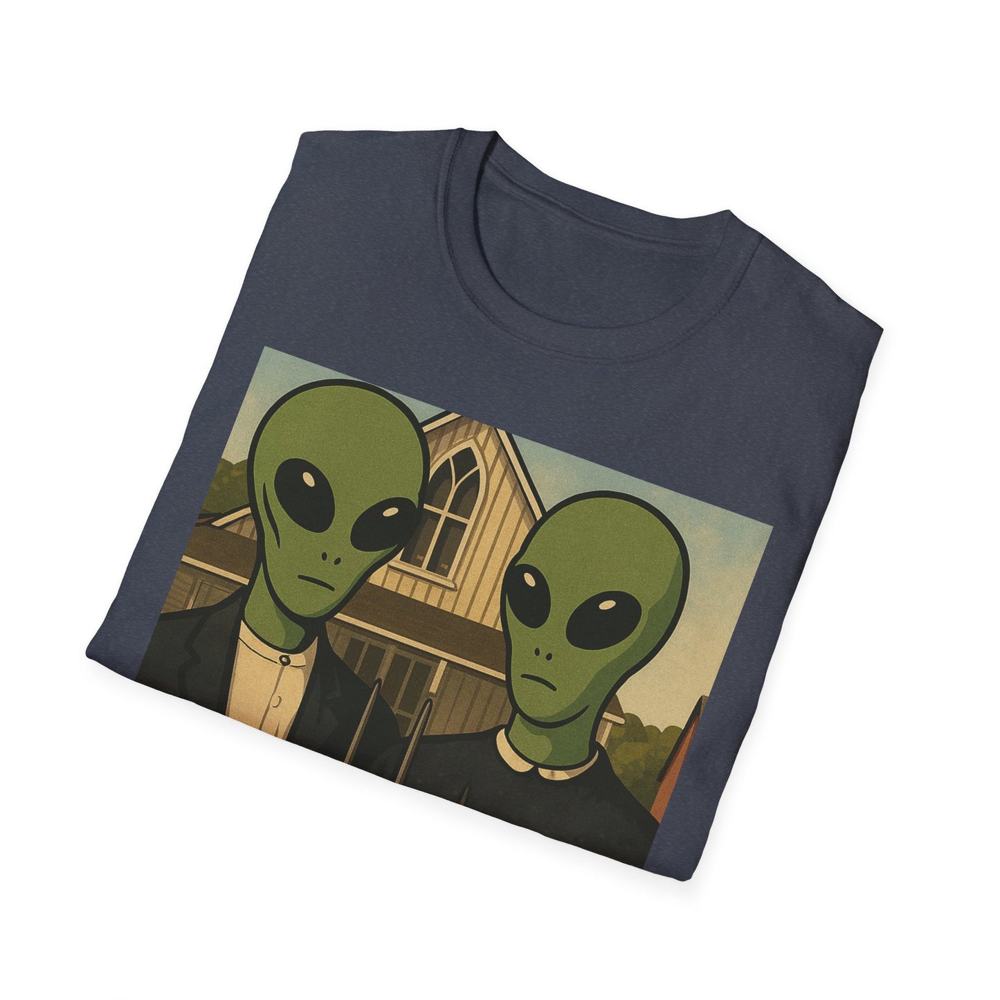 Alien American Gothic T-Shirt — Funny Retro Sci‑Fi Art Tee