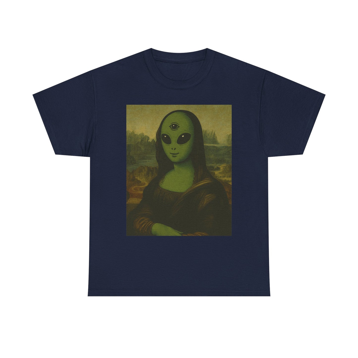 Alien Mona Lisa T-Shirt – Green 3‑Eyed Portrait Graphic Tee