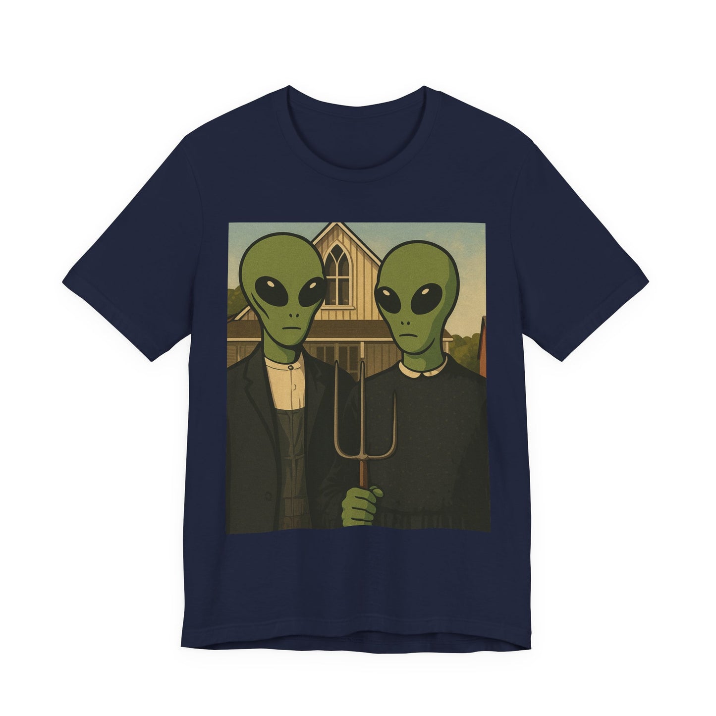 Alien Gothic Farmhouse T‑Shirt — Retro Green Alien American Gothic Tee