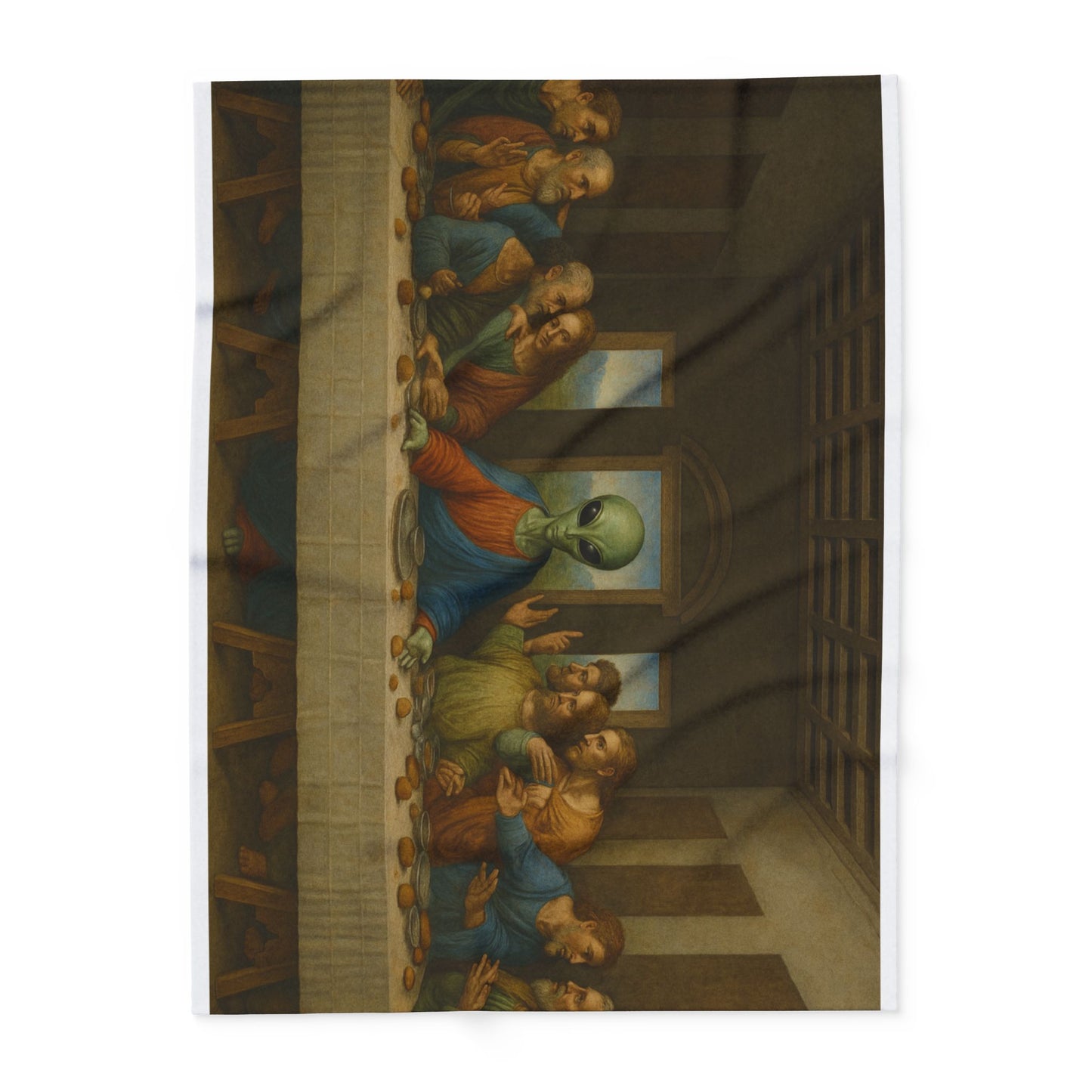 Fleece Blanket — 'Alien at the Last Supper' Vintage Art Throw
