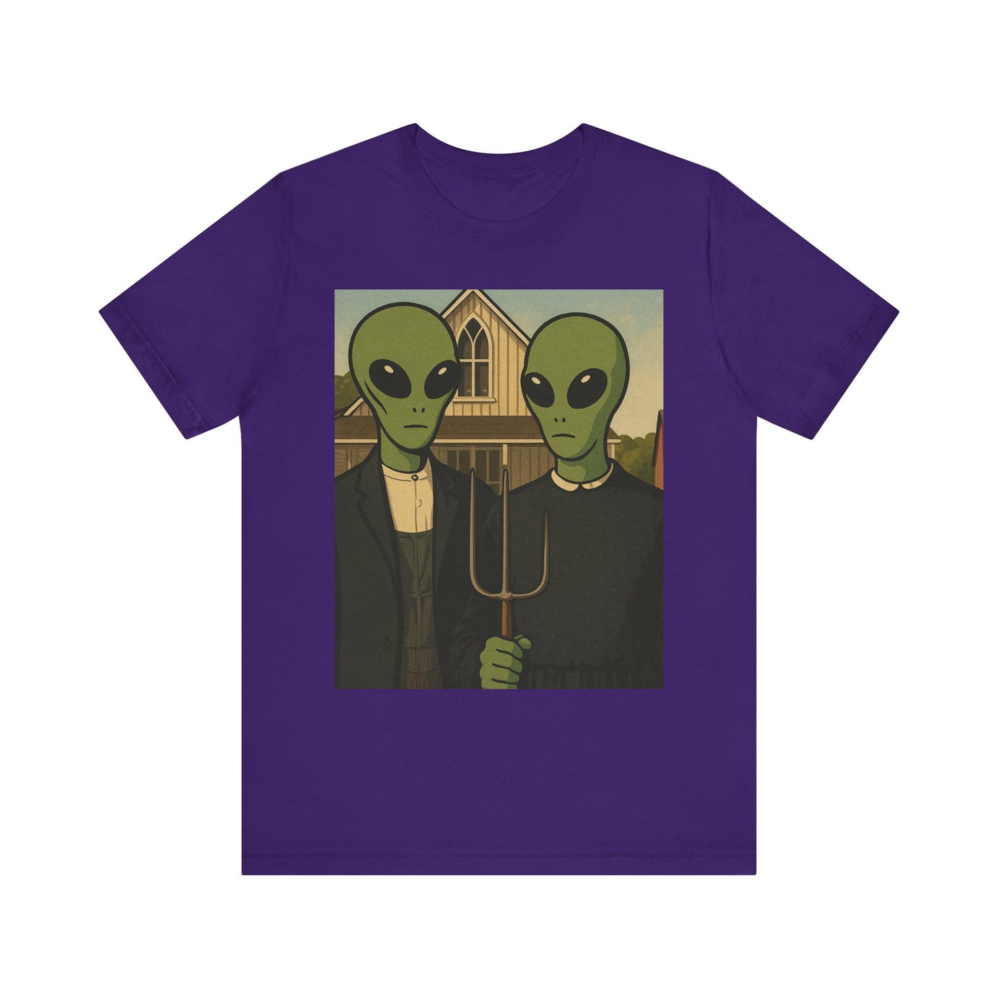 Alien Gothic Farmhouse T‑Shirt — Retro Green Alien American Gothic Tee