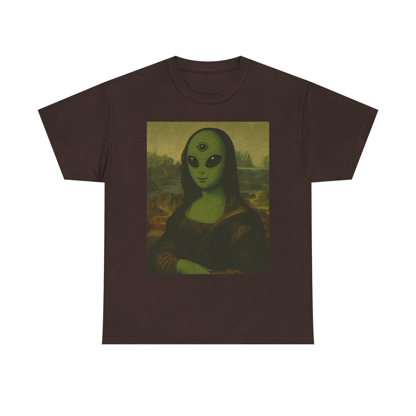 Alien Mona Lisa T-Shirt – Green 3‑Eyed Portrait Graphic Tee