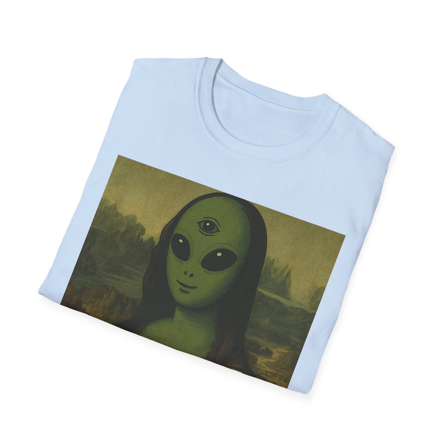 Alien Mona Lisa T-Shirt — Retro Green UFO Art Tee
