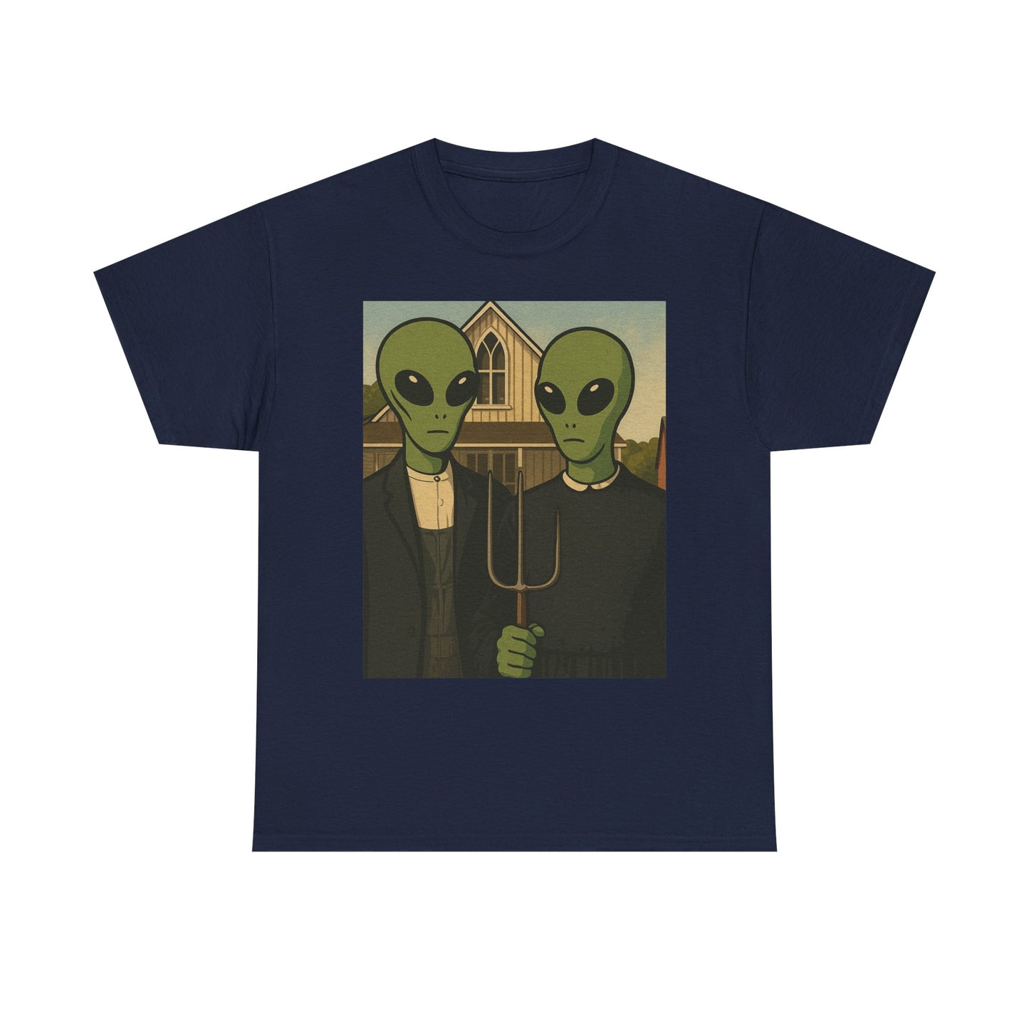 Alien American Gothic T-Shirt — Funny UFO Couple Graphic Tee