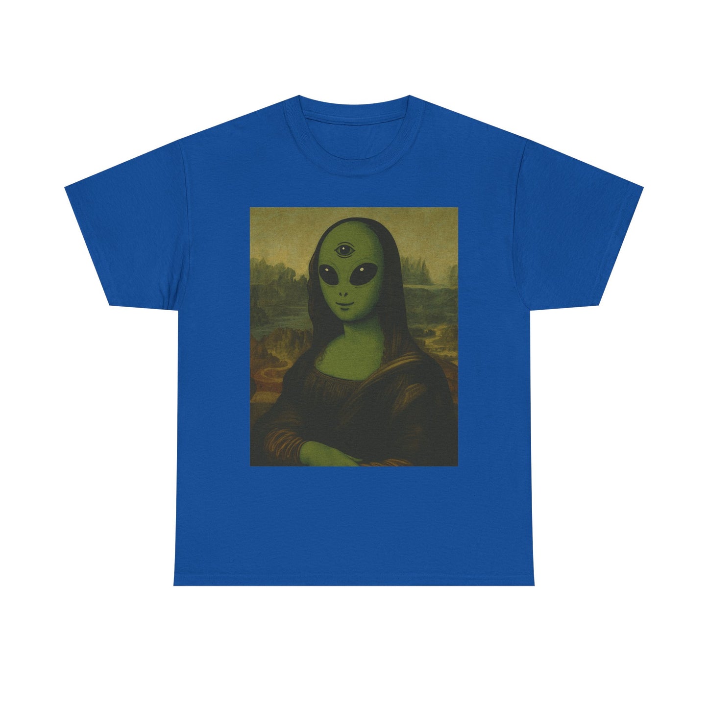 Alien Mona Lisa T-Shirt – Green 3‑Eyed Portrait Graphic Tee