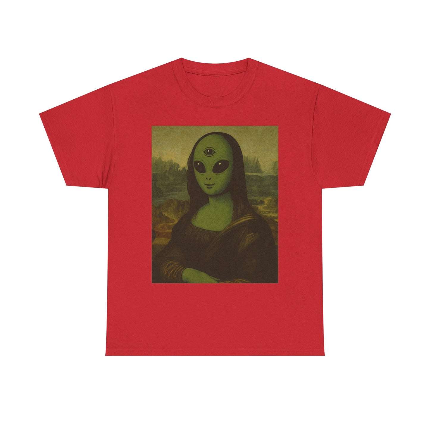 Alien Mona Lisa T-Shirt – Green 3‑Eyed Portrait Graphic Tee