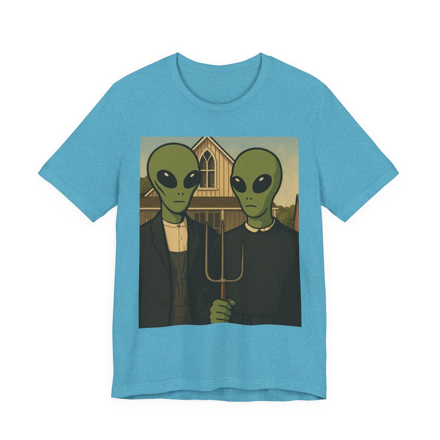 Alien Gothic Farmhouse T‑Shirt — Retro Green Alien American Gothic Tee