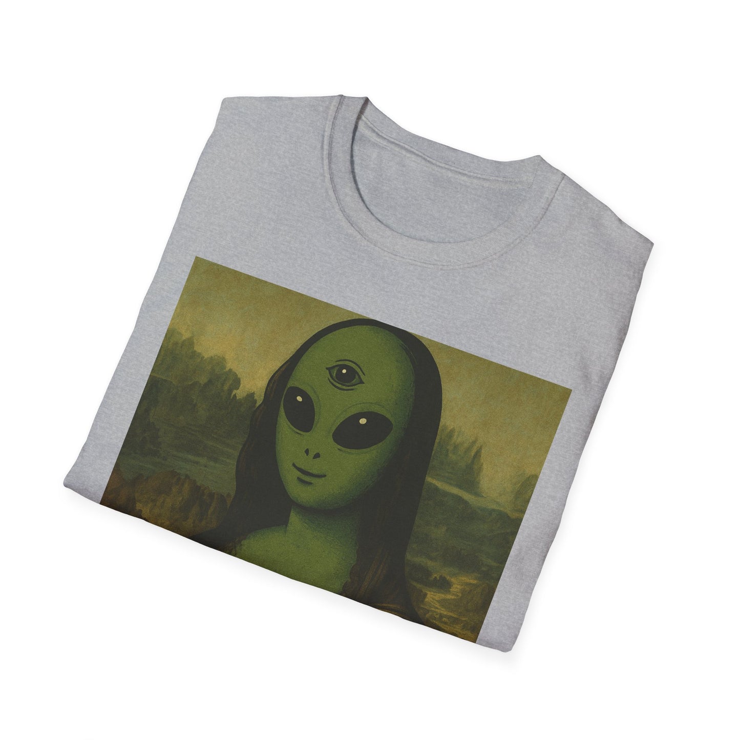 Alien Mona Lisa T-Shirt — Retro Green UFO Art Tee