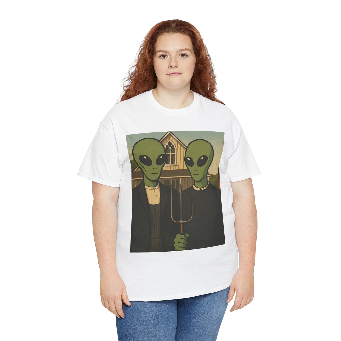 Alien American Gothic T-Shirt — Funny UFO Couple Graphic Tee