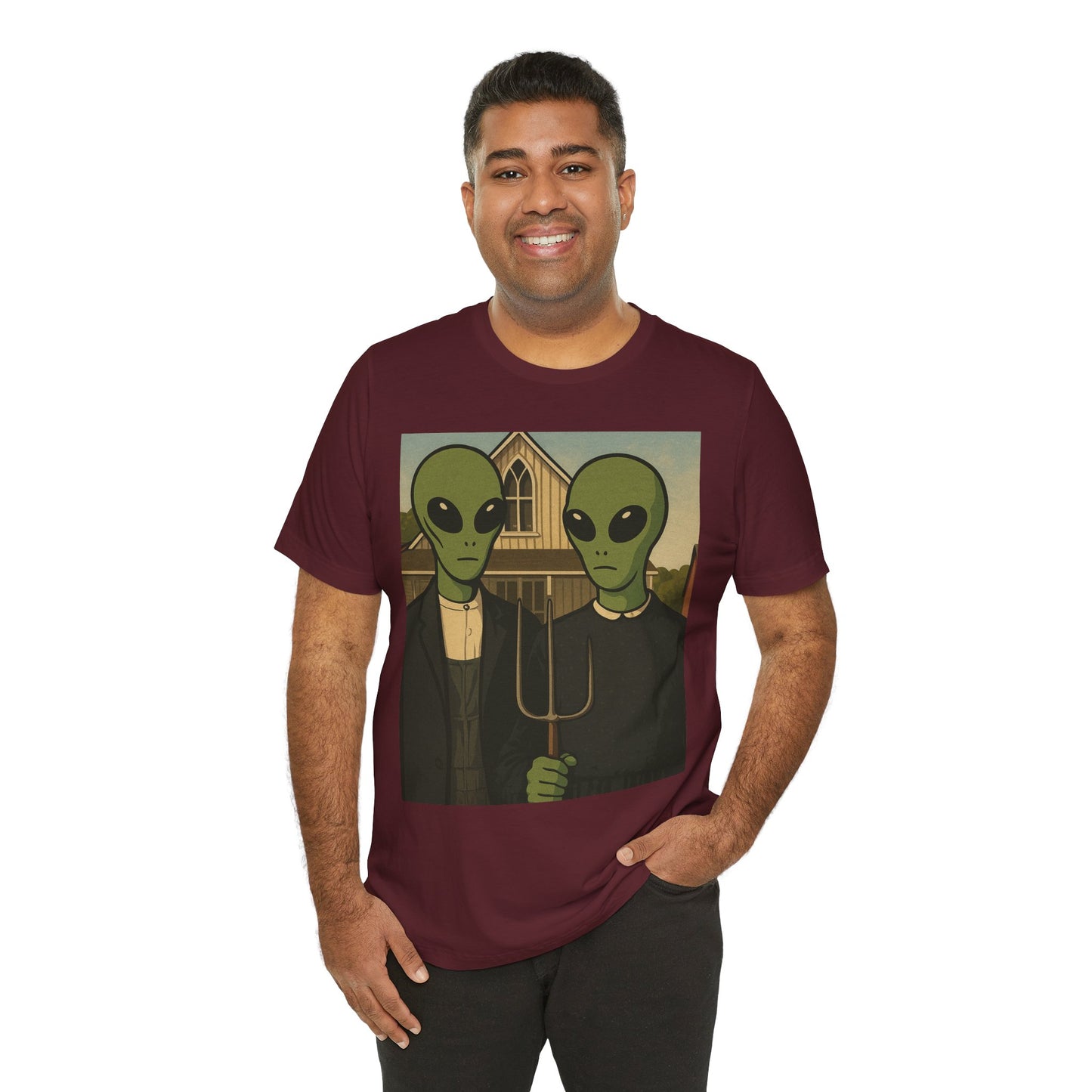 Alien Gothic Farmhouse T‑Shirt — Retro Green Alien American Gothic Tee