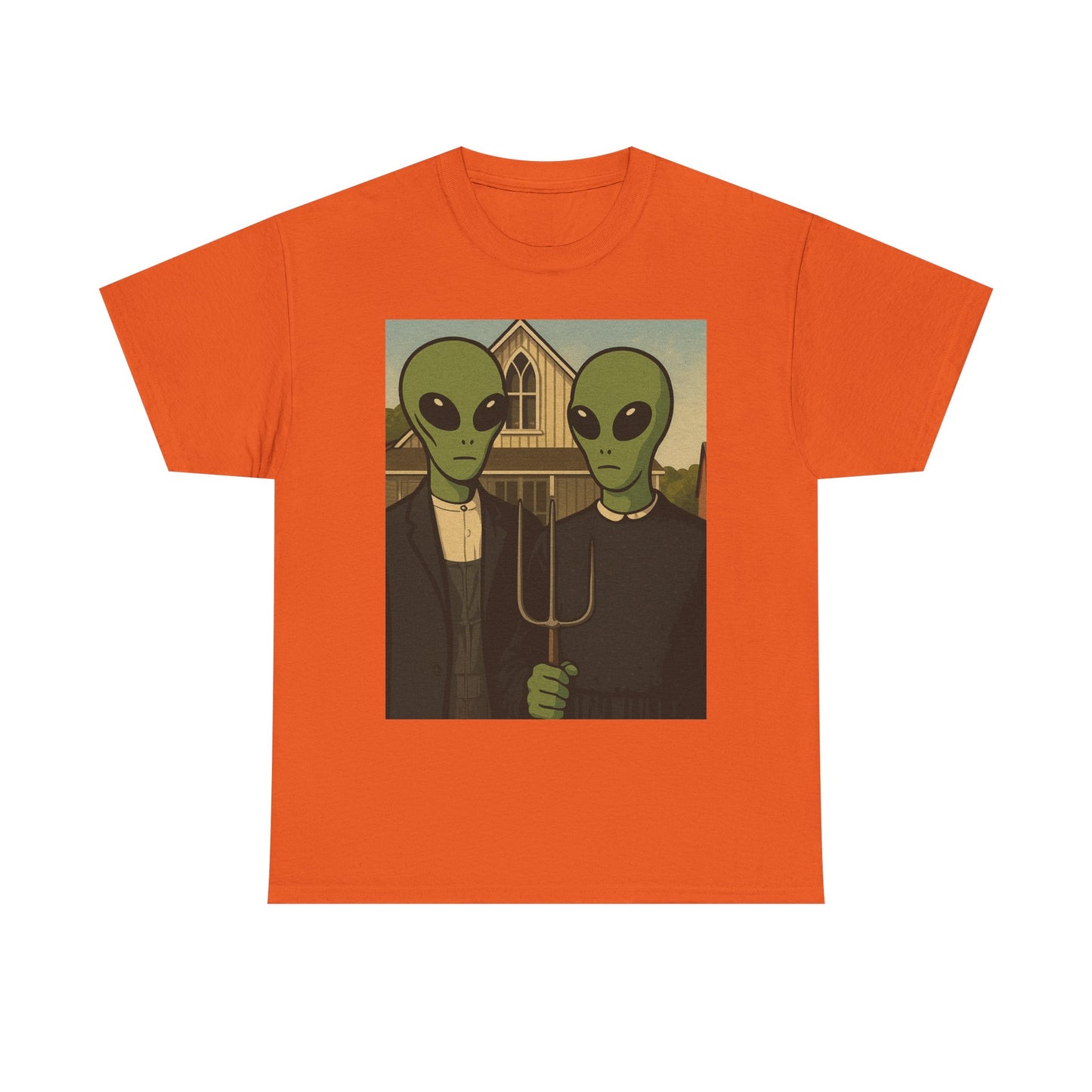 Alien American Gothic T-Shirt — Funny UFO Couple Graphic Tee