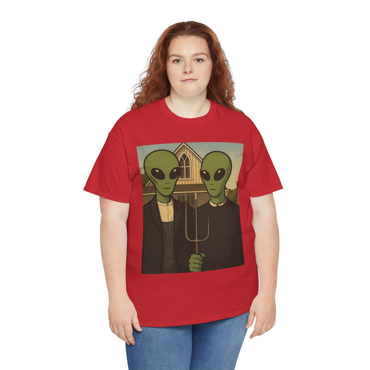 Alien American Gothic T-Shirt — Funny UFO Couple Graphic Tee