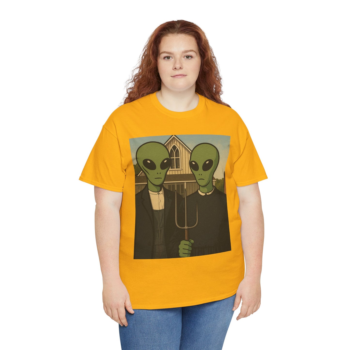 Alien American Gothic T-Shirt — Funny UFO Couple Graphic Tee