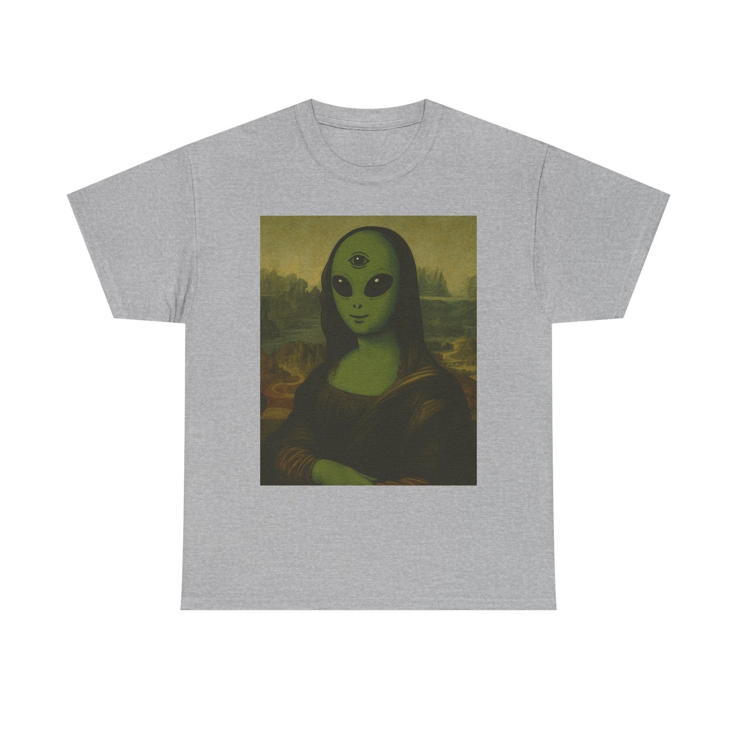 Alien Mona Lisa T-Shirt – Green 3‑Eyed Portrait Graphic Tee