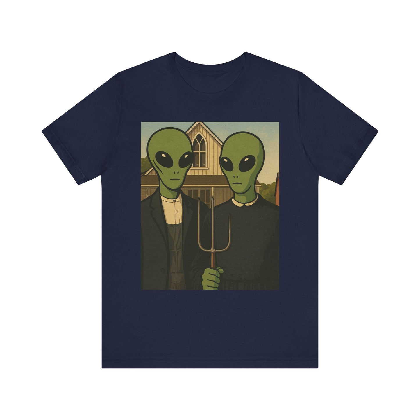 Alien Gothic Farmhouse T‑Shirt — Retro Green Alien American Gothic Tee