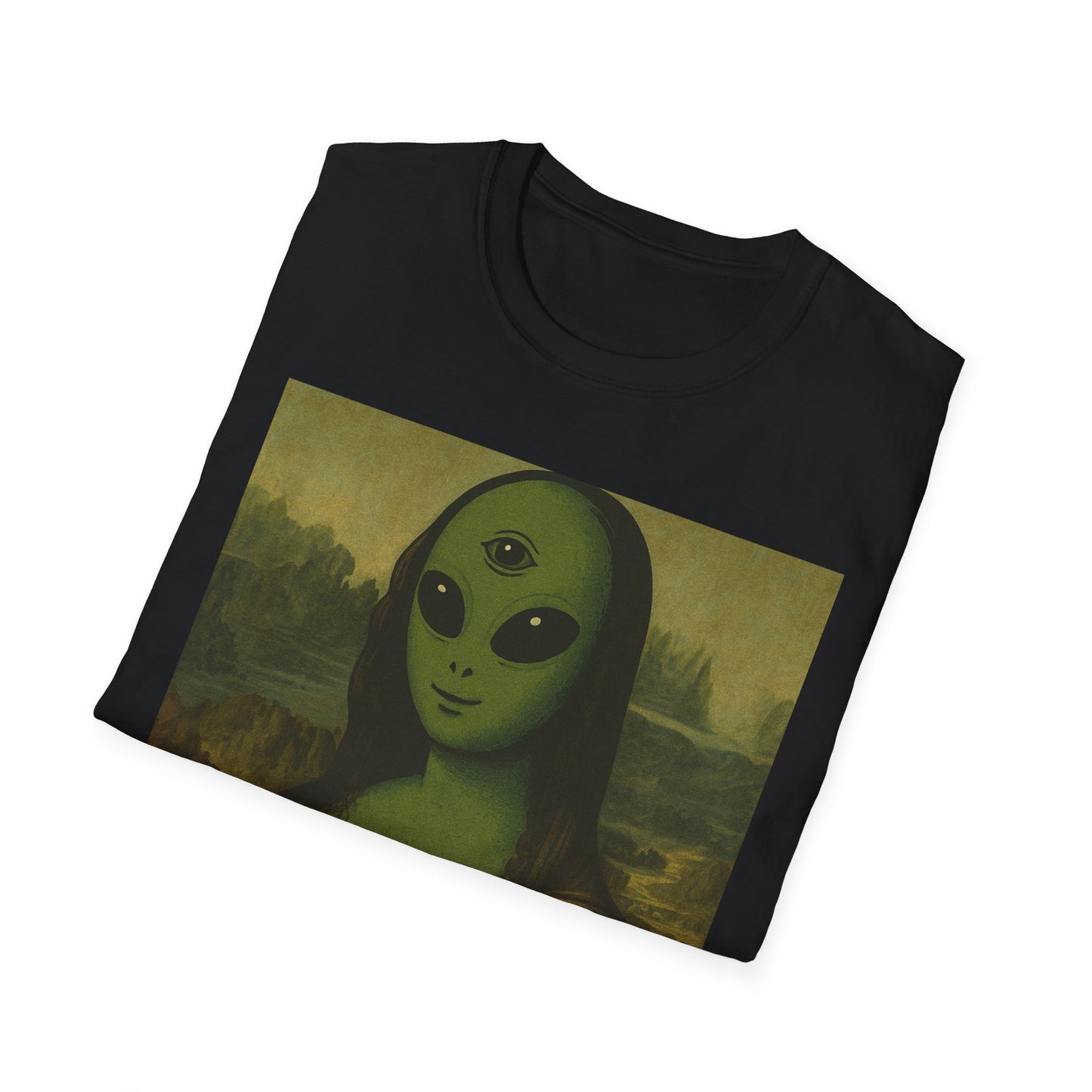 Alien Mona Lisa T-Shirt — Retro Green UFO Art Tee