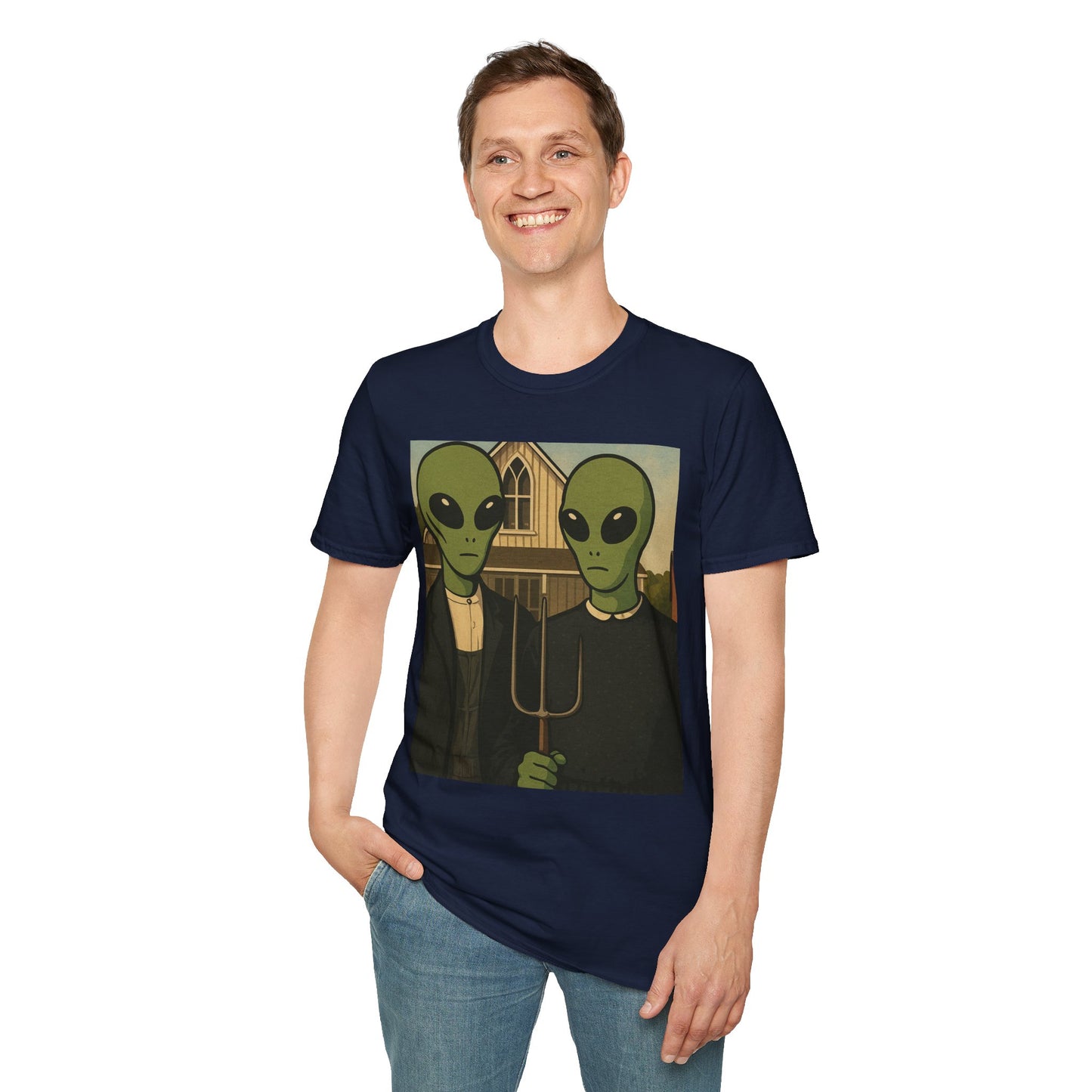 Alien American Gothic T-Shirt — Funny Retro Sci‑Fi Art Tee