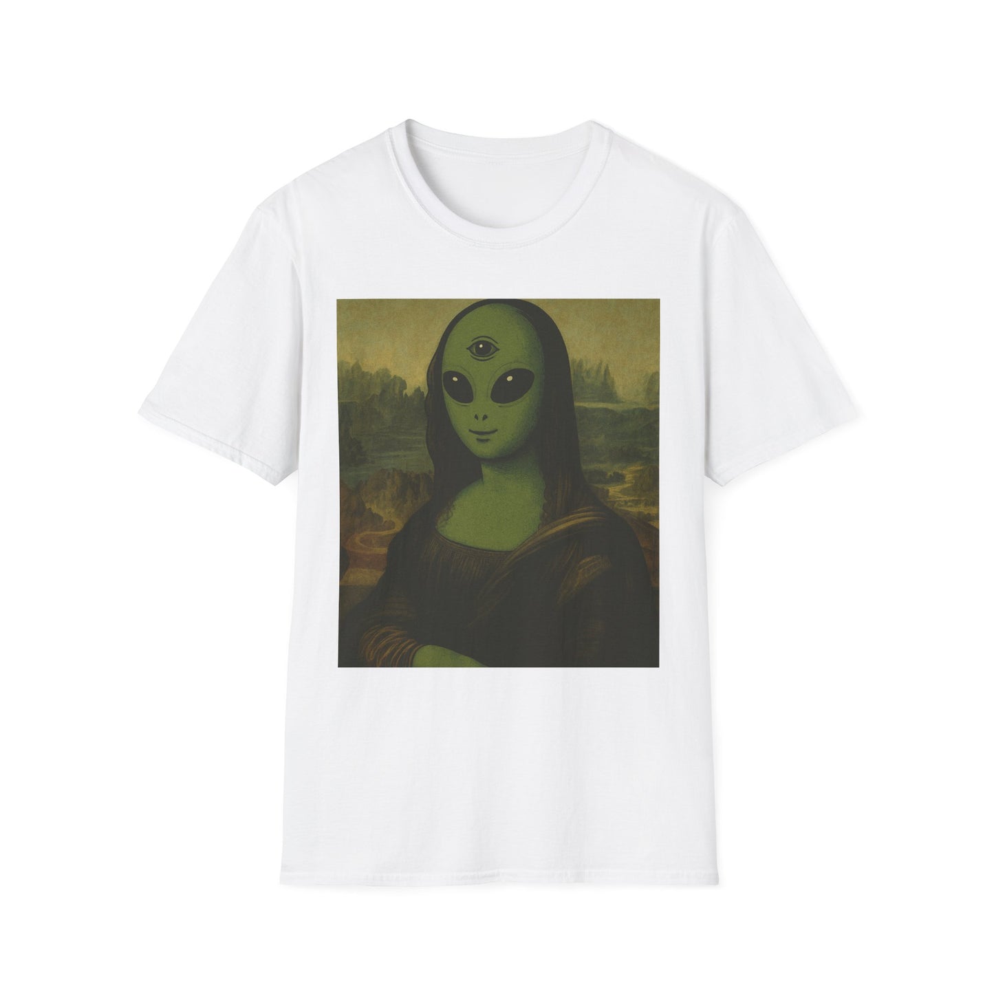 Alien Mona Lisa T-Shirt — Retro Green UFO Art Tee