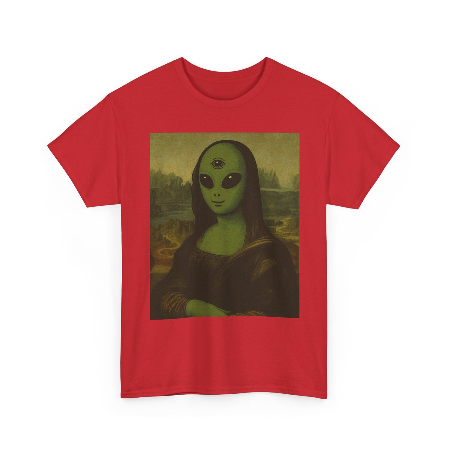 Alien Mona Lisa T-Shirt – Green 3‑Eyed Portrait Graphic Tee