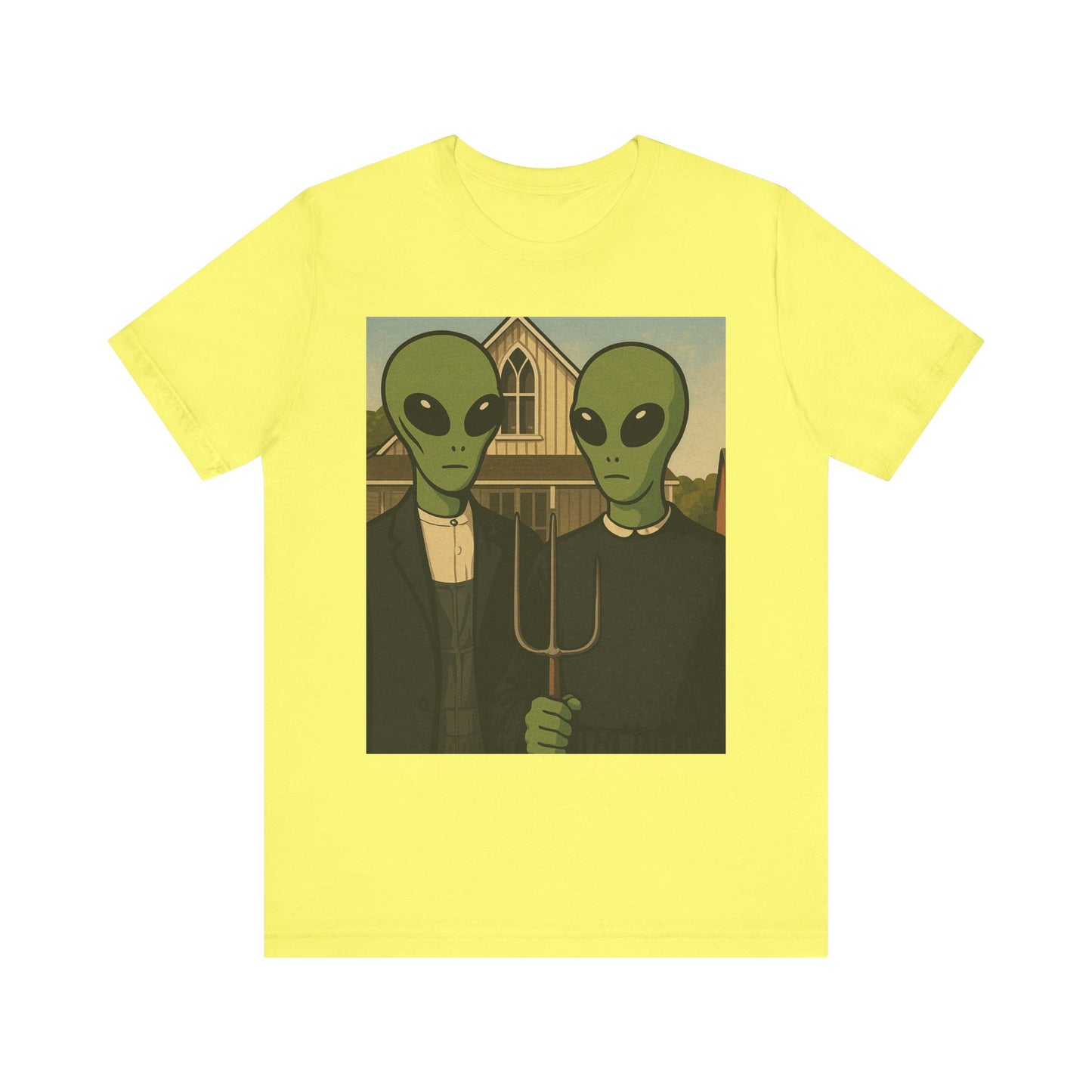 Alien Gothic Farmhouse T‑Shirt — Retro Green Alien American Gothic Tee