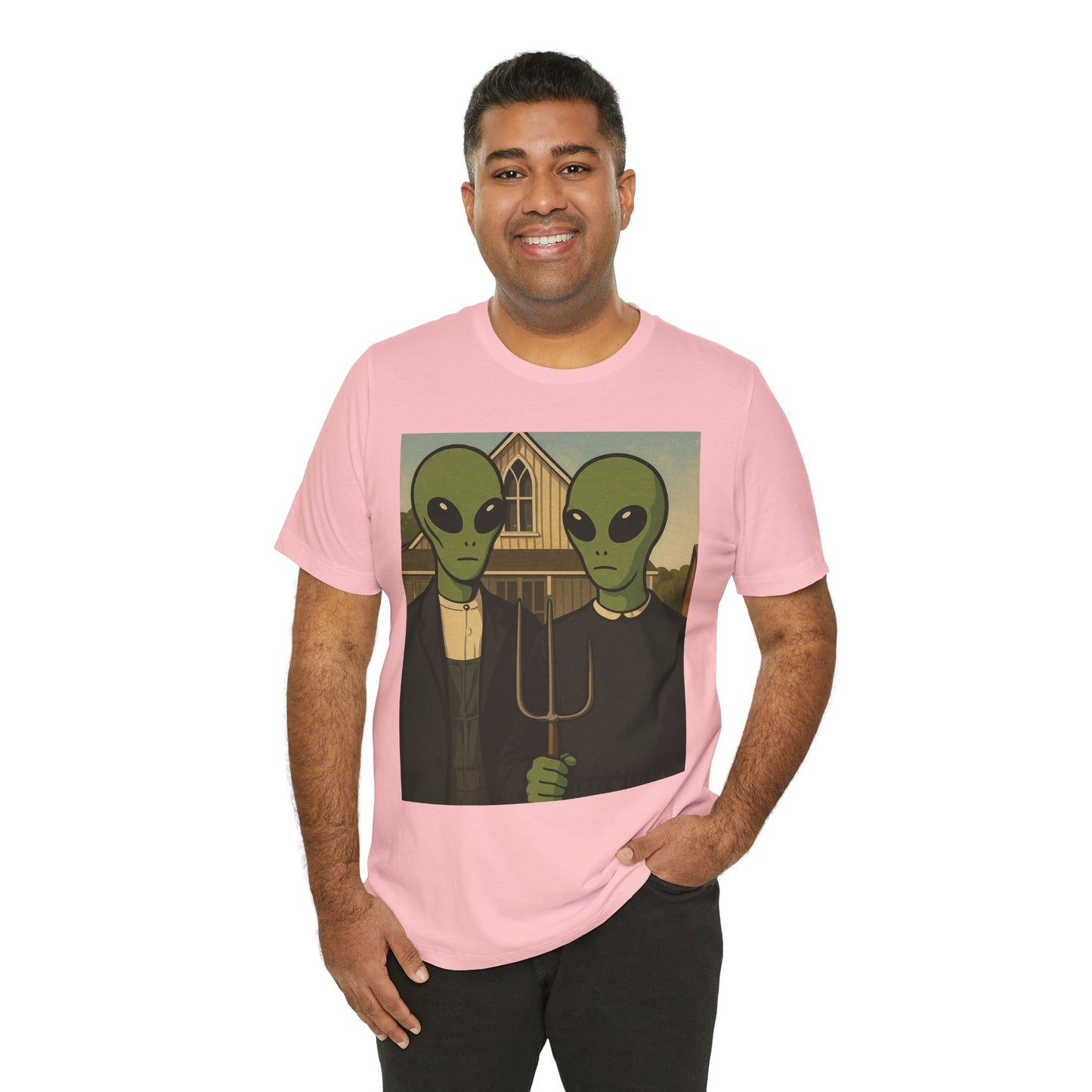 Alien Gothic Farmhouse T‑Shirt — Retro Green Alien American Gothic Tee