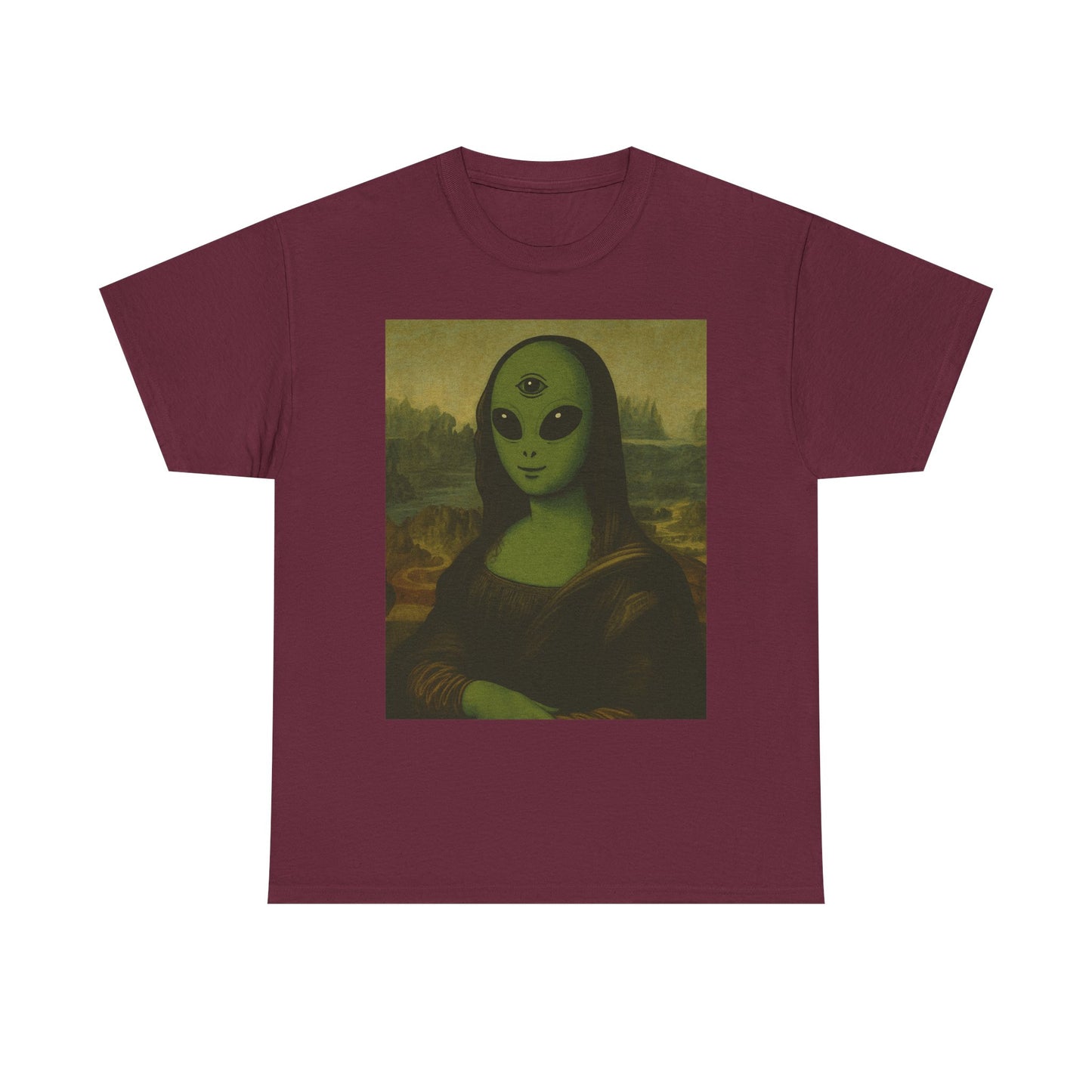Alien Mona Lisa T-Shirt – Green 3‑Eyed Portrait Graphic Tee