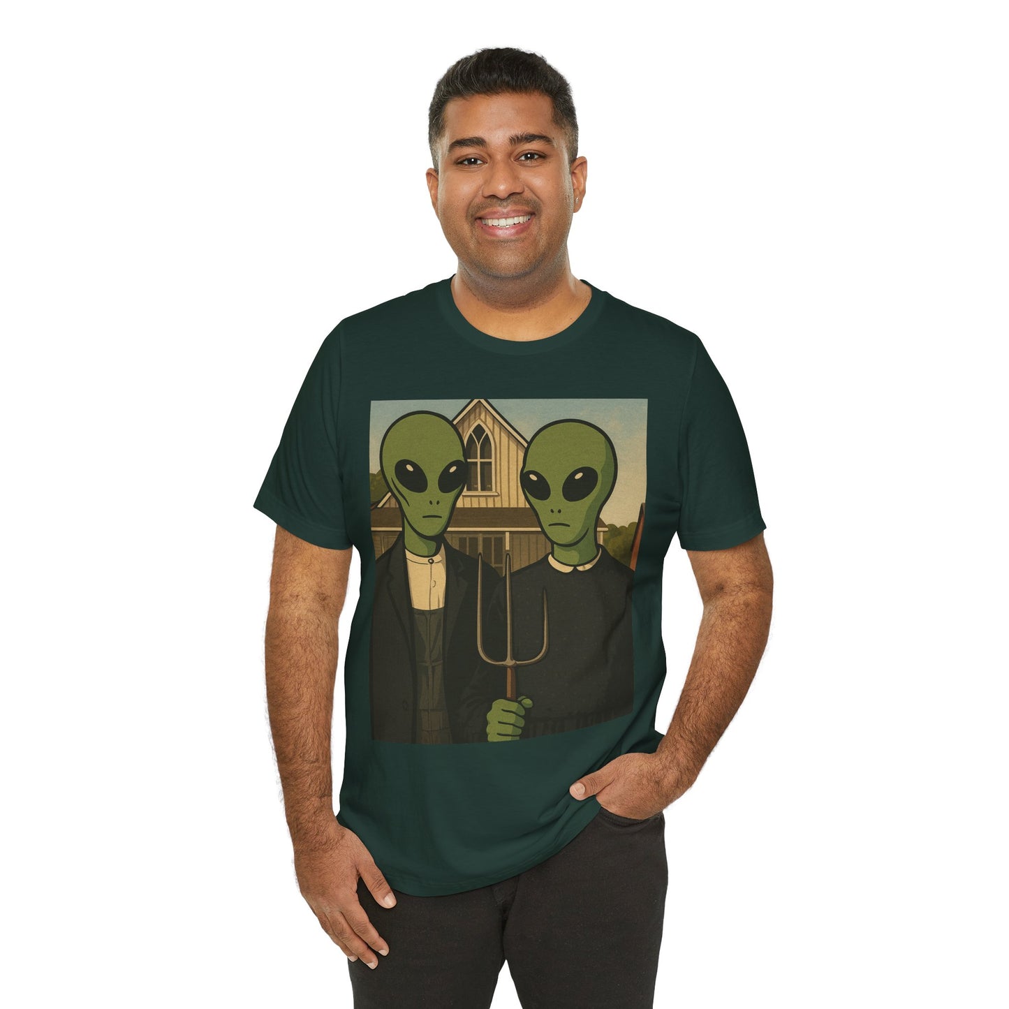 Alien Gothic Farmhouse T‑Shirt — Retro Green Alien American Gothic Tee