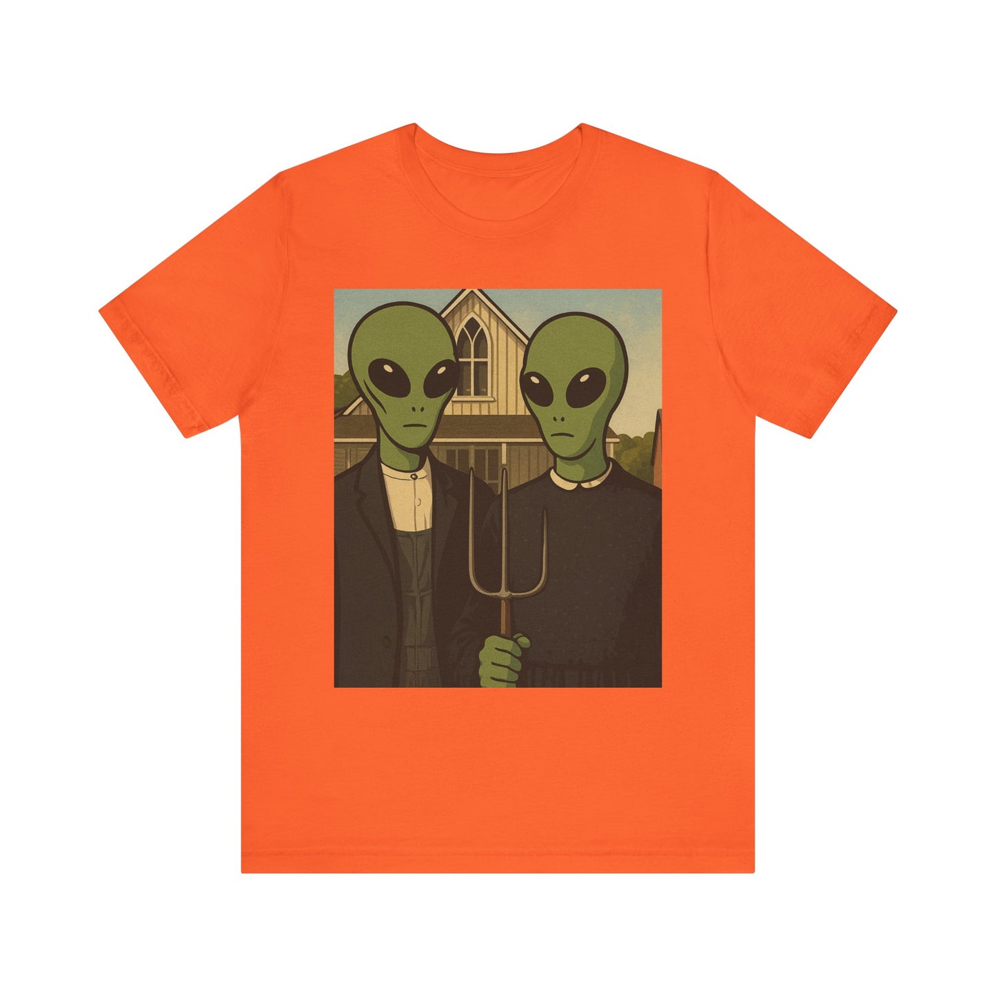 Alien Gothic Farmhouse T‑Shirt — Retro Green Alien American Gothic Tee
