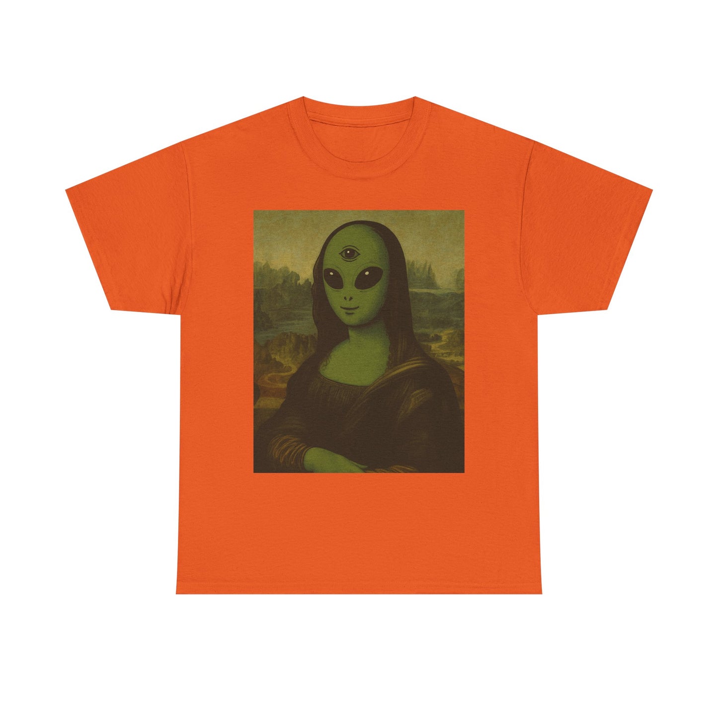 Alien Mona Lisa T-Shirt – Green 3‑Eyed Portrait Graphic Tee