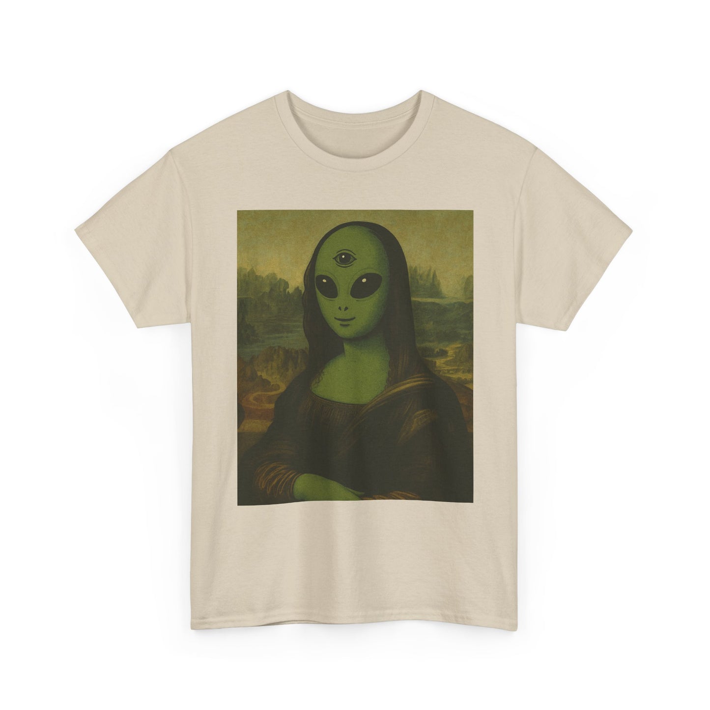 Alien Mona Lisa T-Shirt – Green 3‑Eyed Portrait Graphic Tee