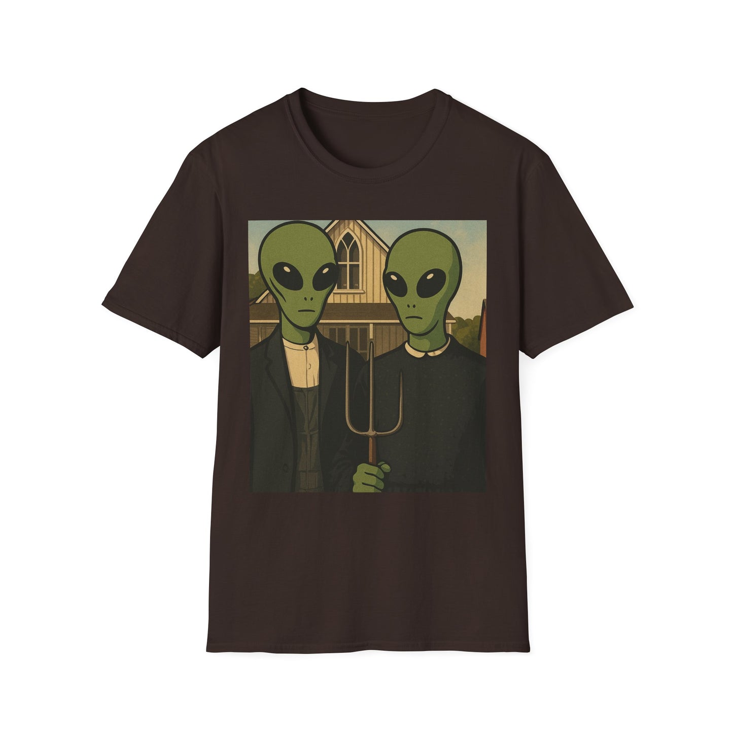 Alien American Gothic T-Shirt — Funny Retro Sci‑Fi Art Tee