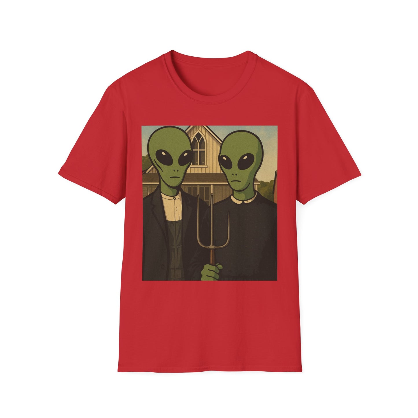 Alien American Gothic T-Shirt — Funny Retro Sci‑Fi Art Tee