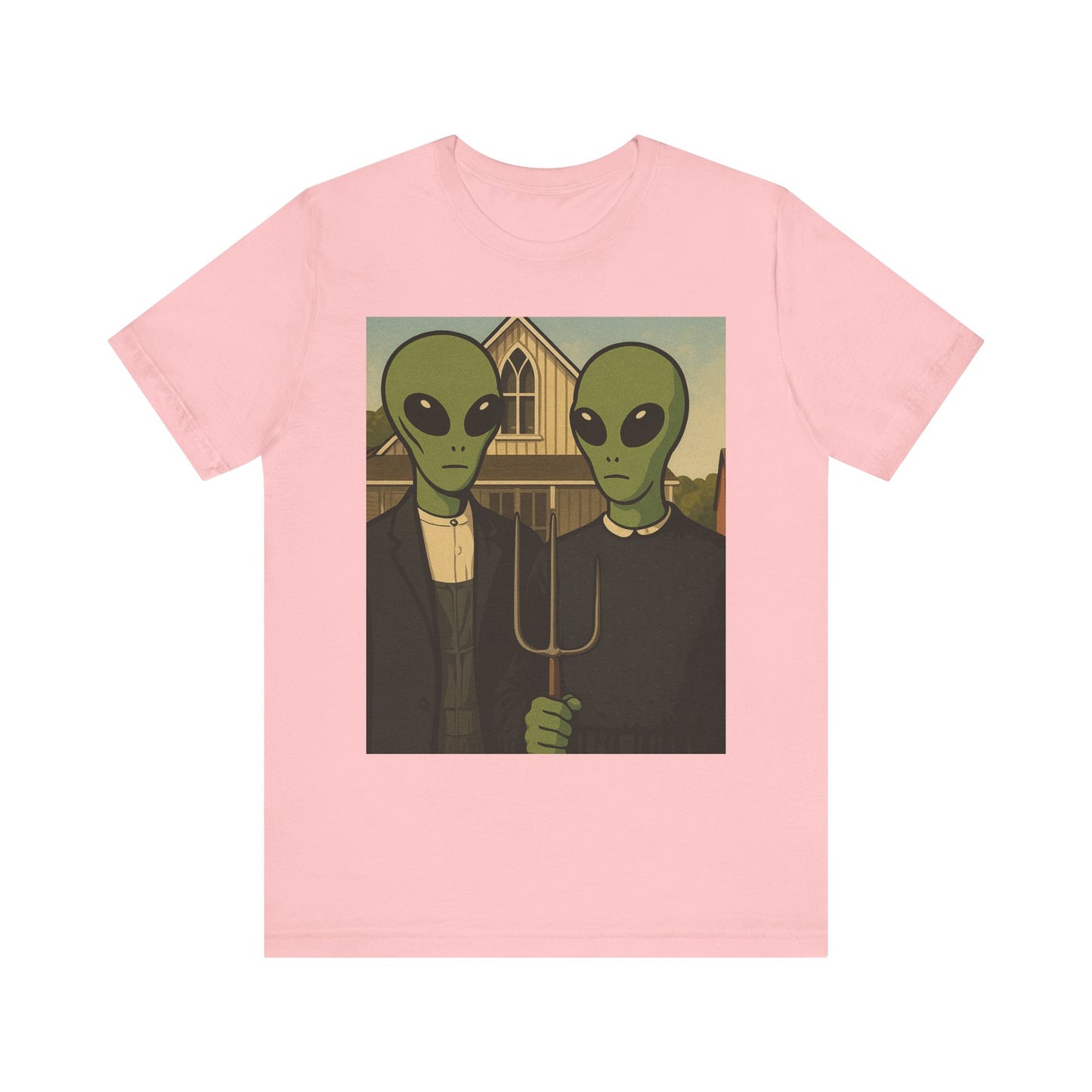 Alien Gothic Farmhouse T‑Shirt — Retro Green Alien American Gothic Tee