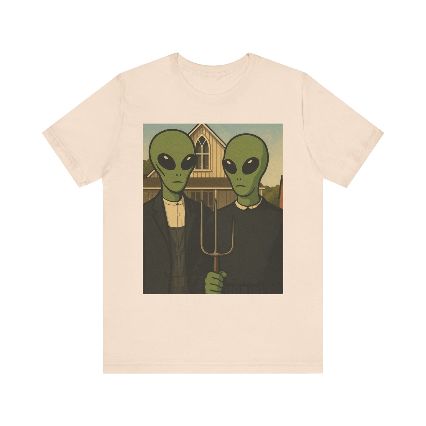 Alien Gothic Farmhouse T‑Shirt — Retro Green Alien American Gothic Tee